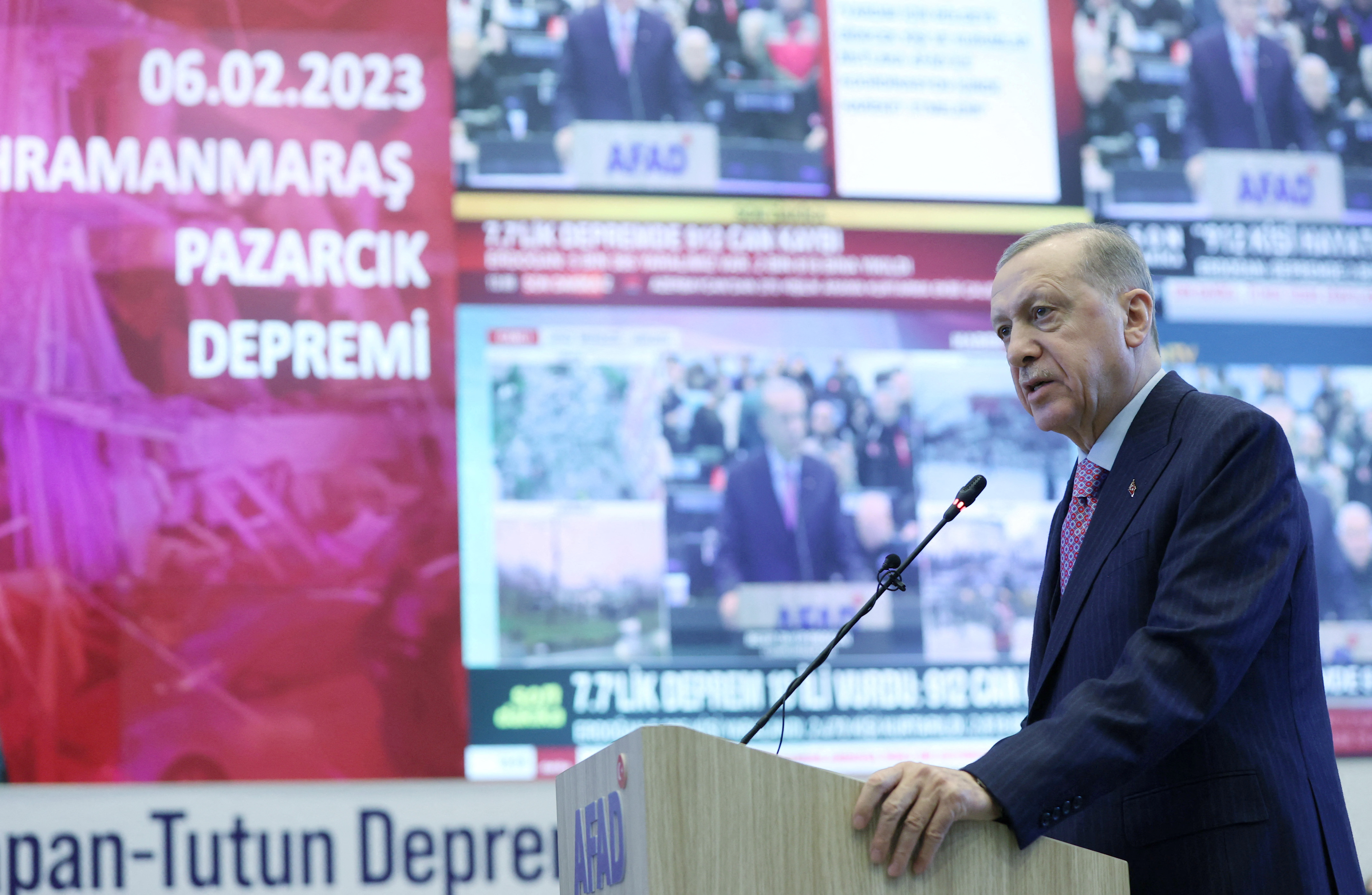 Turkish President Tayyip Erdogan speaks at the coordination center of Turkey's Disaster and Emergency Management Authority (AFAD) in Ankara, Turkey February 6, 2023.?Presidential Press Office/Handout via REUTERS