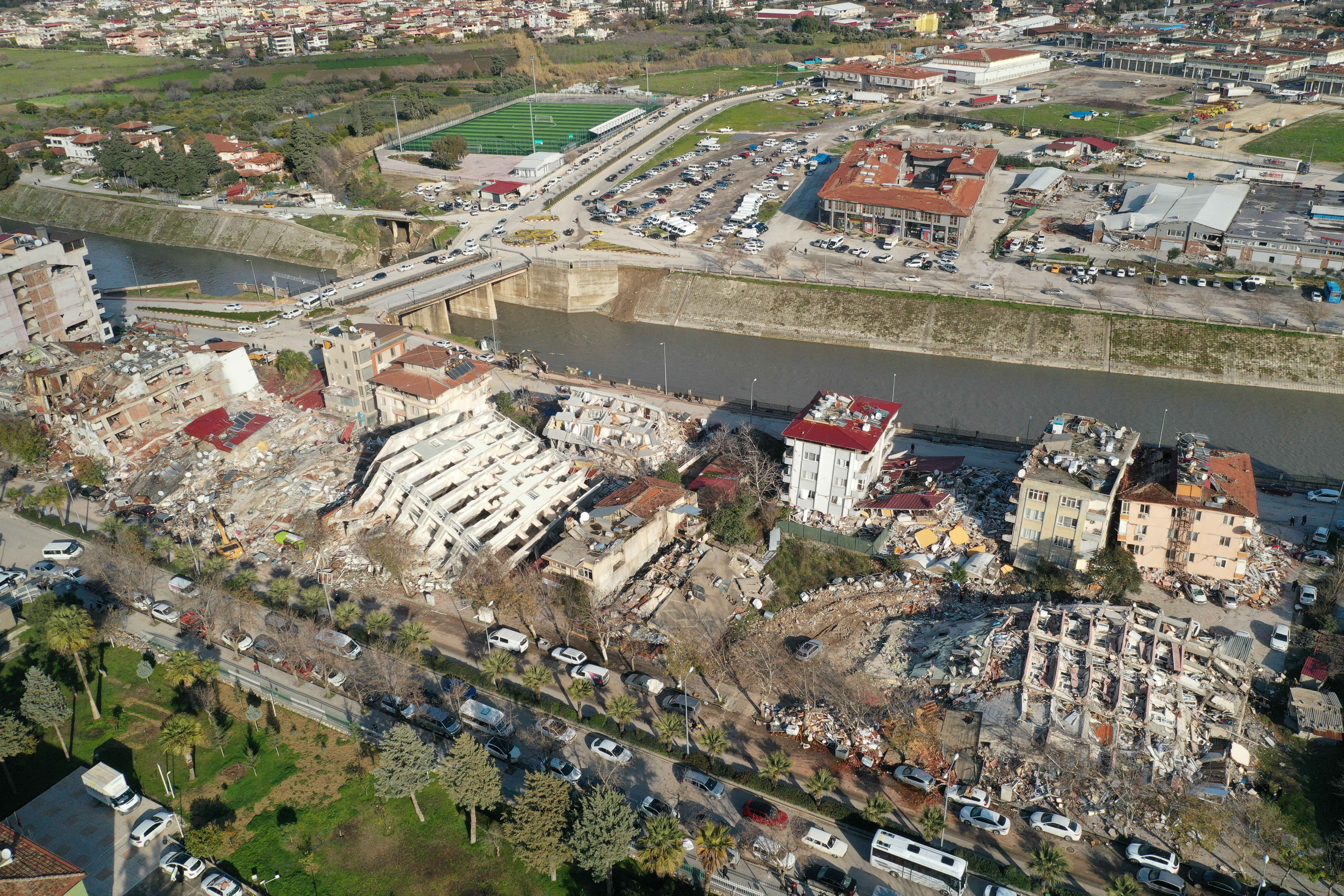 An aerial view shows damaged and collapsed buildings following an earthquake, in Hatay, Turkey February 7, 2023. REUTERS/Umit Bektas