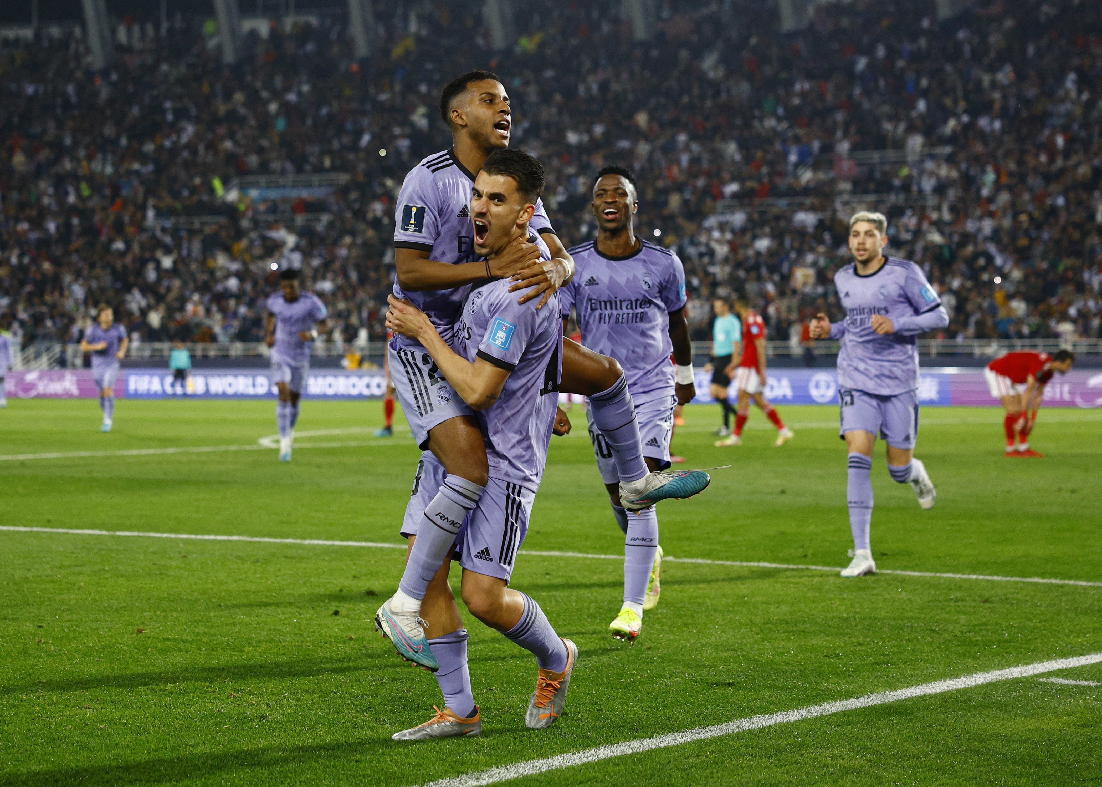 Real Madrid's Rodrygo celebrates scoring their third goal with Dani Ceballos