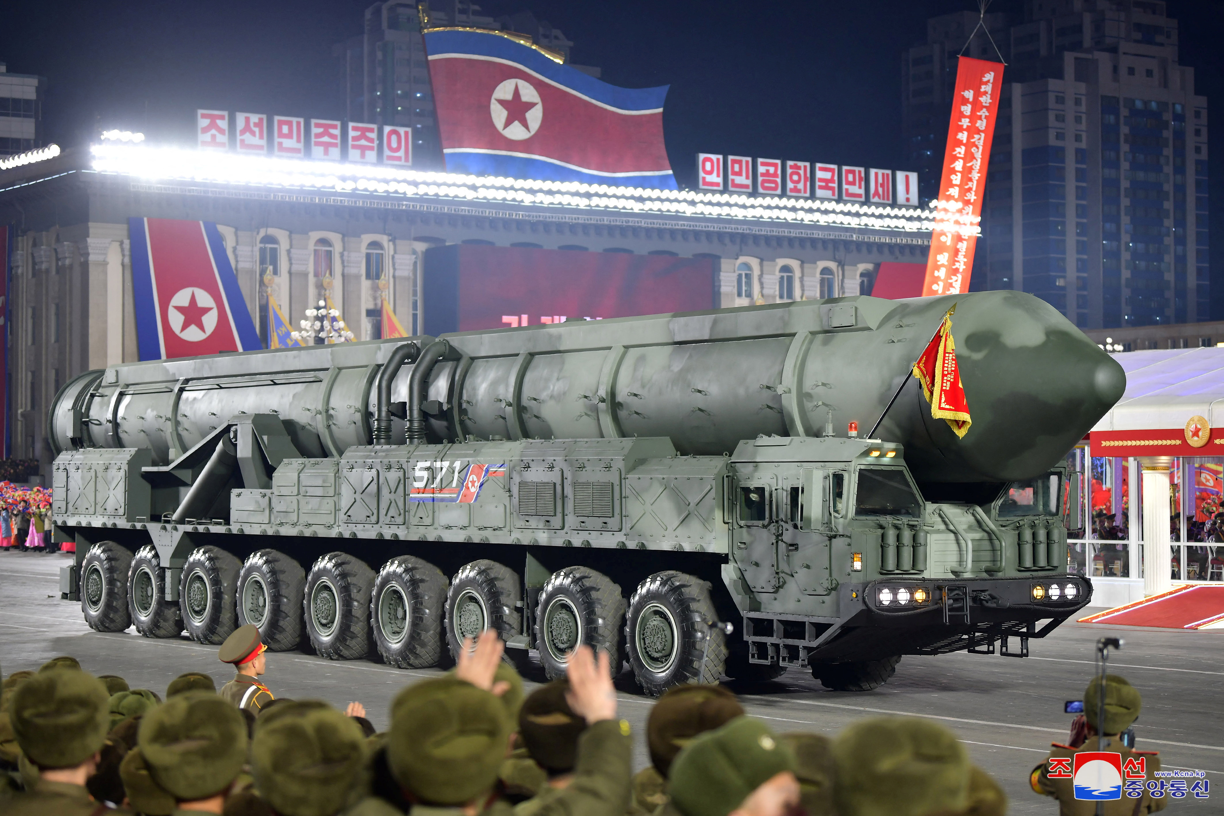A missile is displayed during a military parade to mark the 75th founding anniversary of North Korea's army