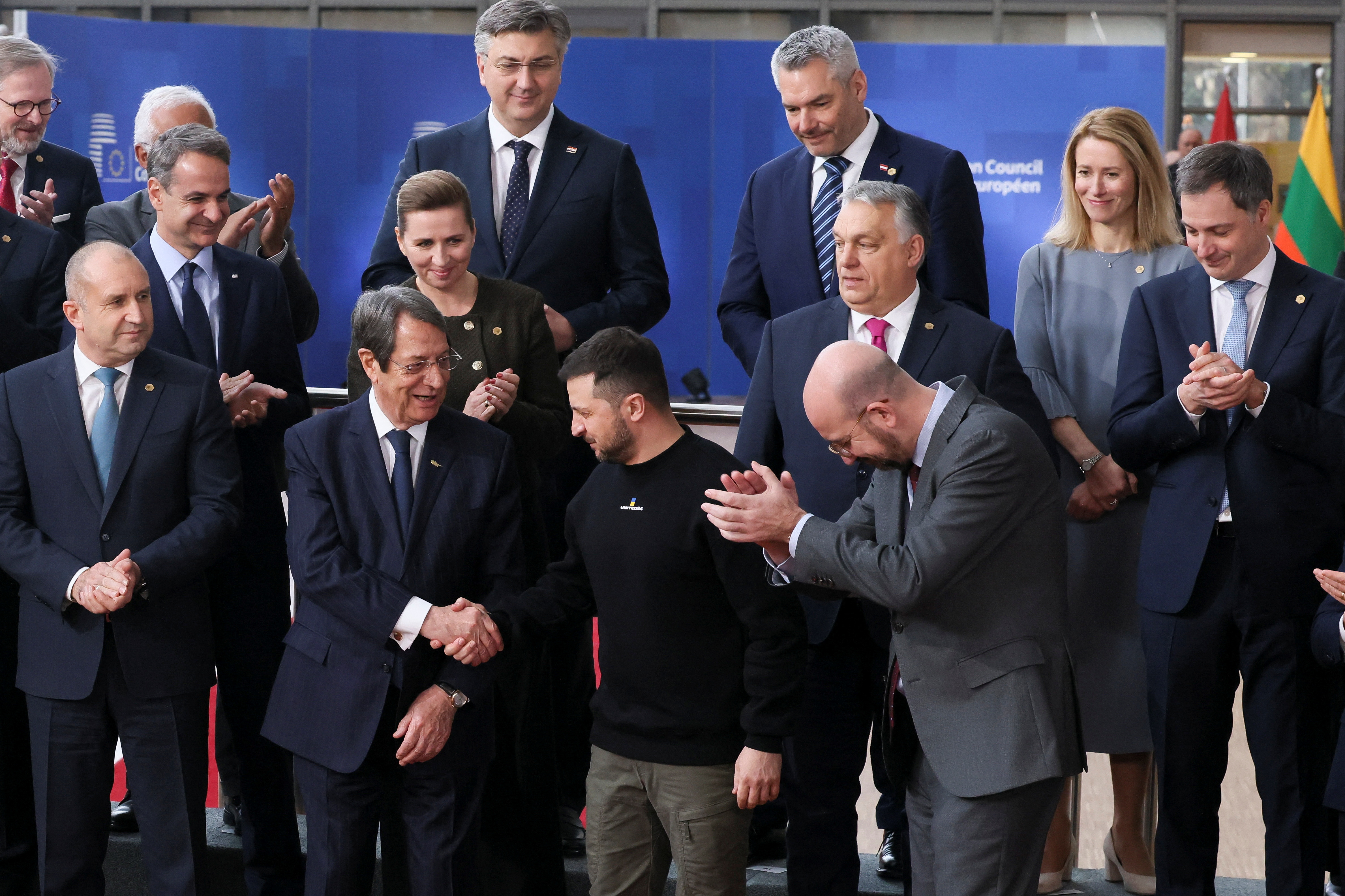 Cyprus' President Nicos Anastasiades shakes hands with Ukrainian President Volodymyr Zelenskiy as they attend the European leaders summit in Brussels, Belgium February 9, 2023. REUTERS/Yves Herman