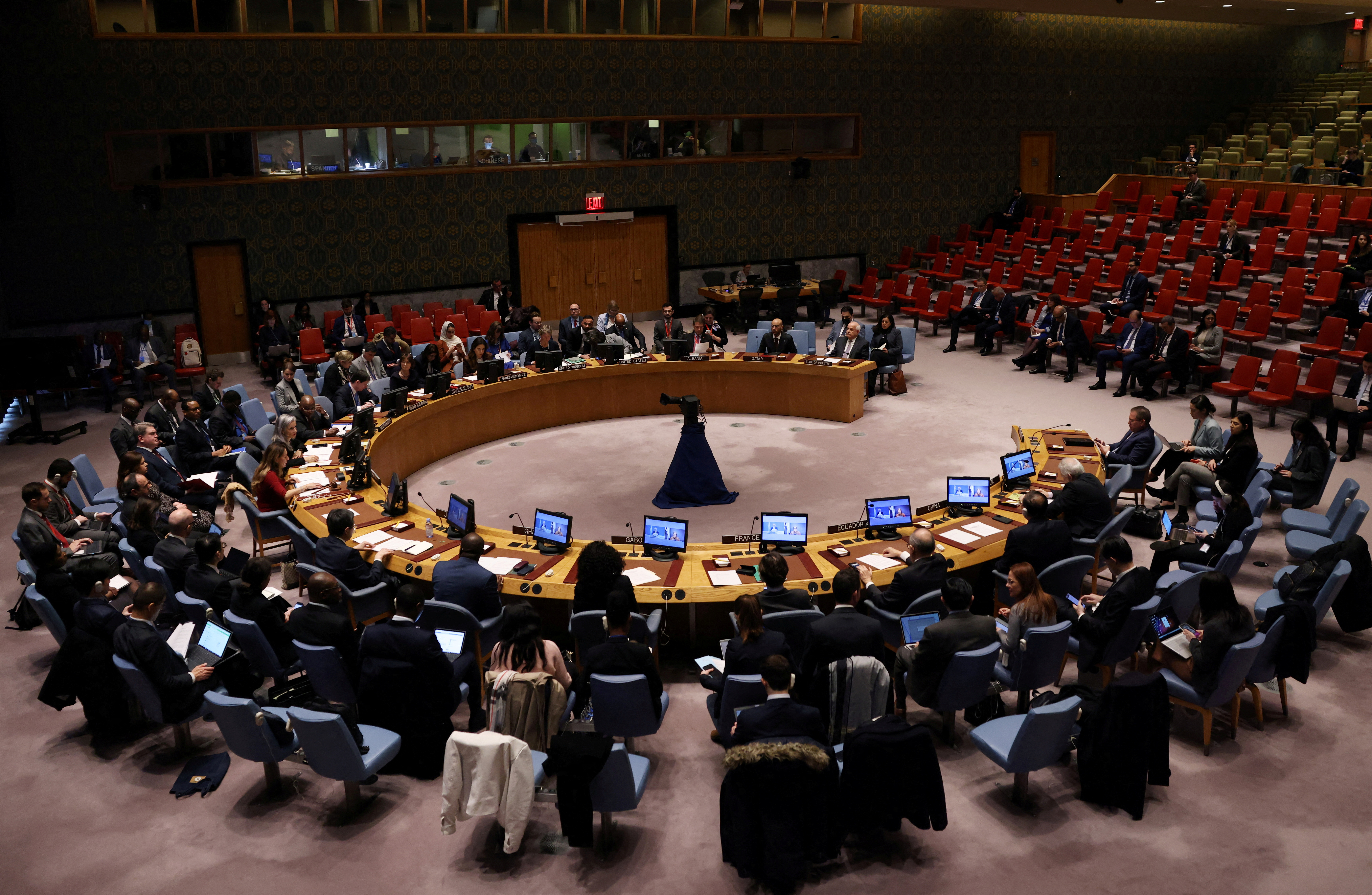 The United Nations Security Council meets to discuss the issue of Israeli settlement activities in the occupied Palestinian territory at UN headquarters in New York City, the US.