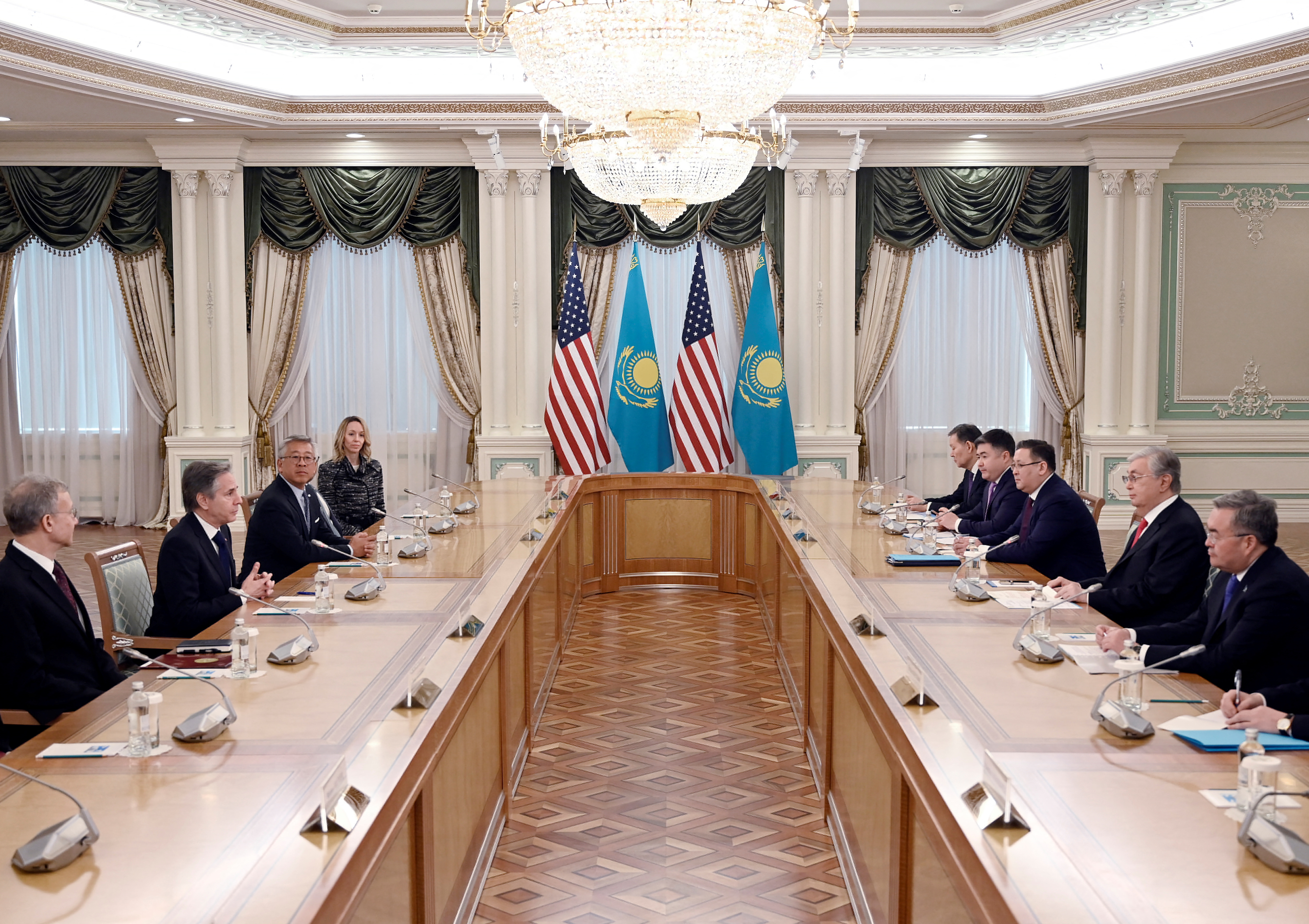 Delegations, led by Kazakh President Kassym-Jomart Tokayev and U.S. Secretary of State Antony Blinken, hold talks in Astana, Kazakhstan, February 28, 2023. Olivier Douliery/Pool via REUTERS