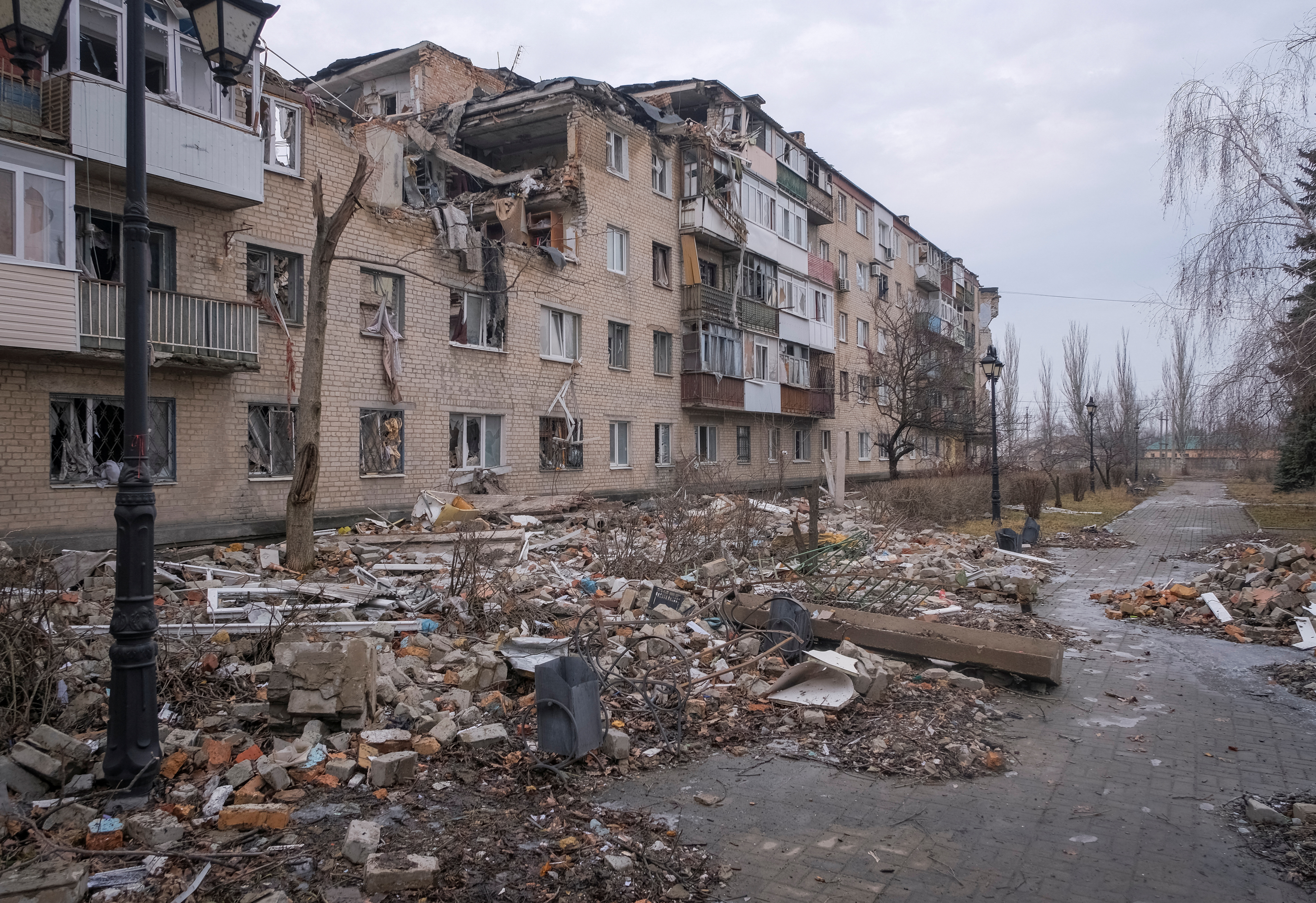 A general view shows a building damaged by a Russian military strike in the front-line city of Bakhmut, in Donetsk region, Ukraine