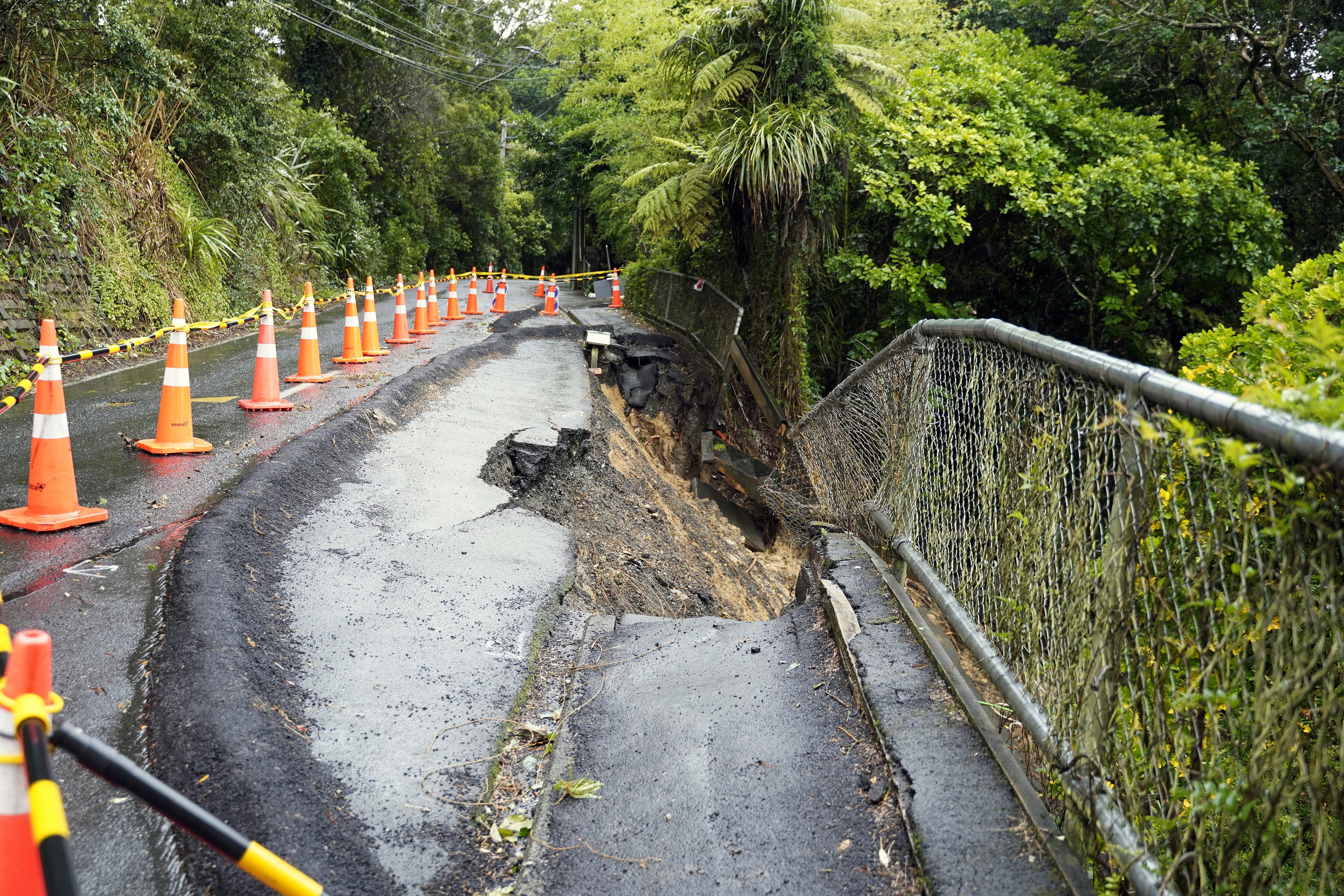 A damaged road in West Auckland, New Zealand. One lane has collapsed. There are bollards along the remaining lane. There are trees behind.