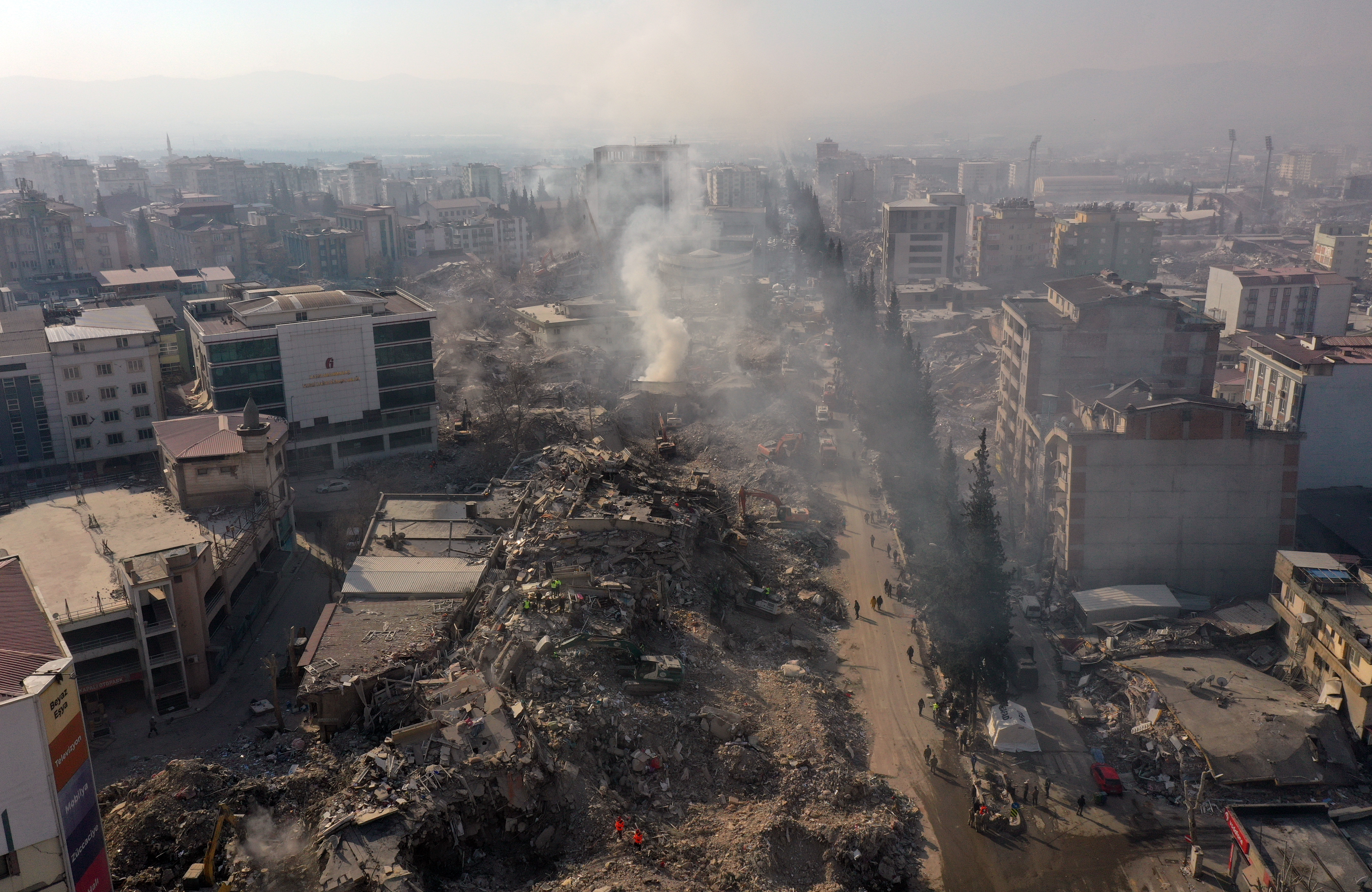 KAHRAMANMARAS, TURKIYE - FEBRUARY 12: An aerial view of collapsed buildings as search and rescue efforts continue after 7.7 and 7.6 magnitude earthquakes in 