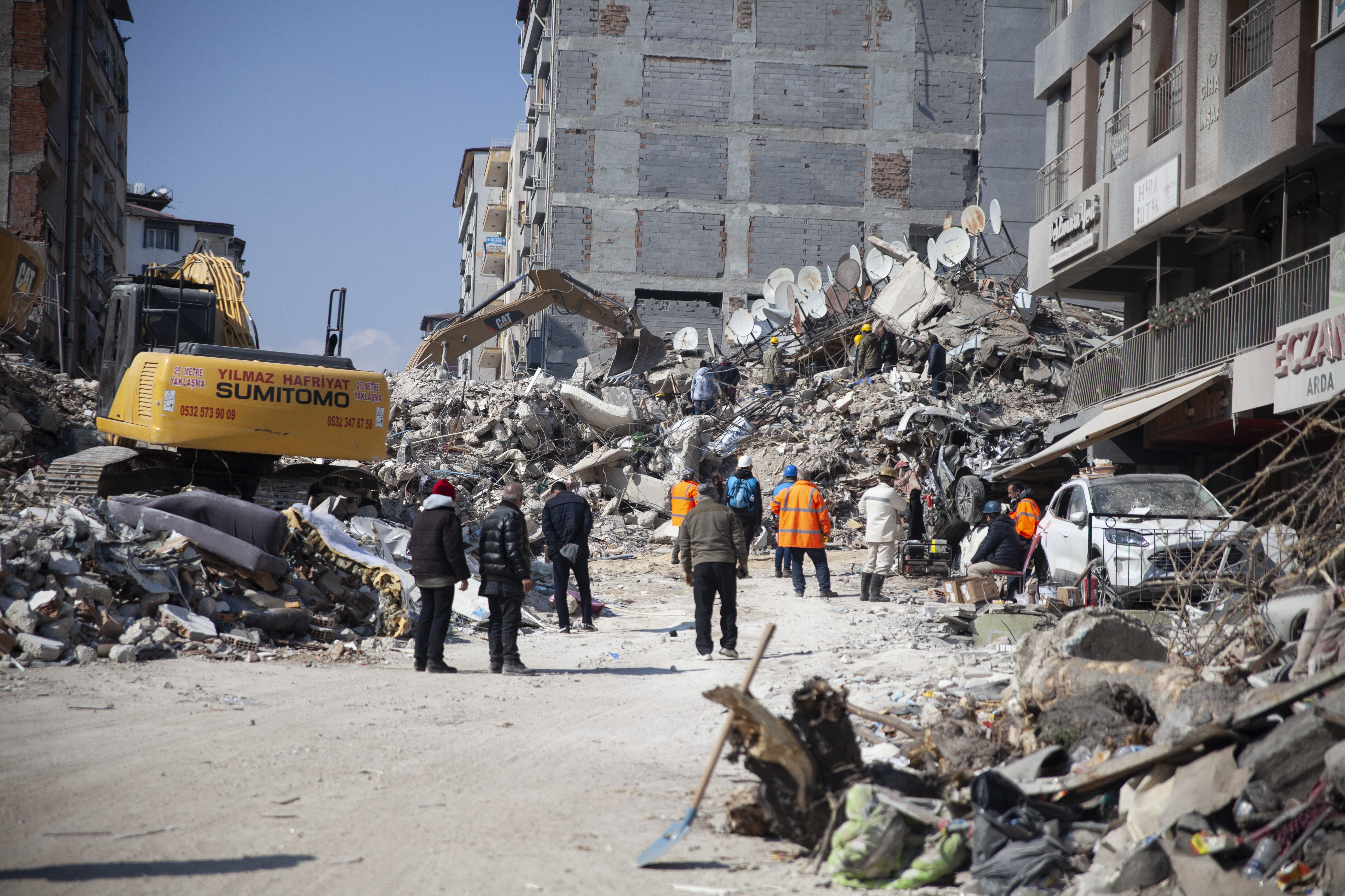 A street in the city centre of Antakya, Hatay where rescue workers are working night and day