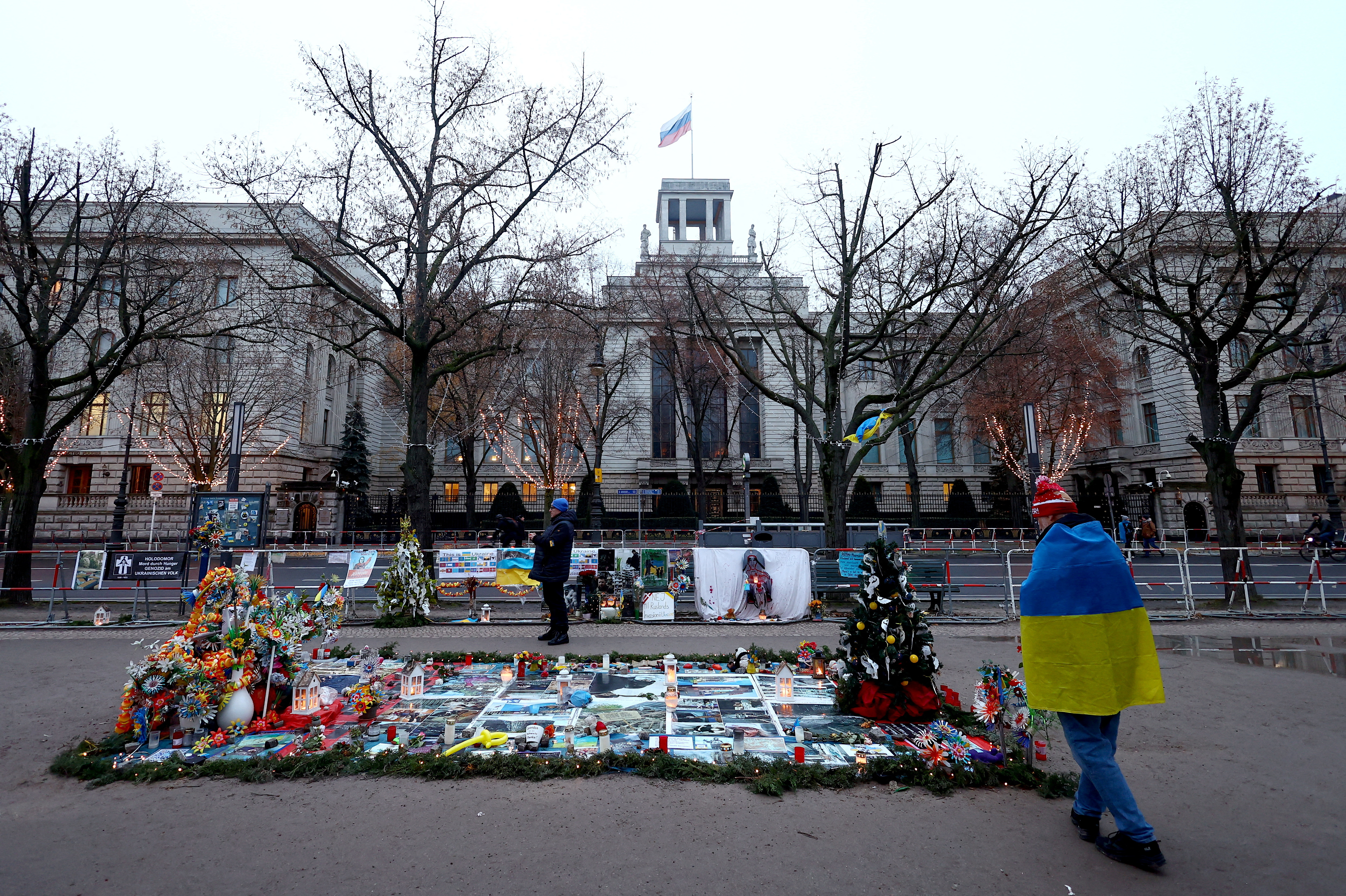 Protest posters placed in front of the Russian Embassy in Germany