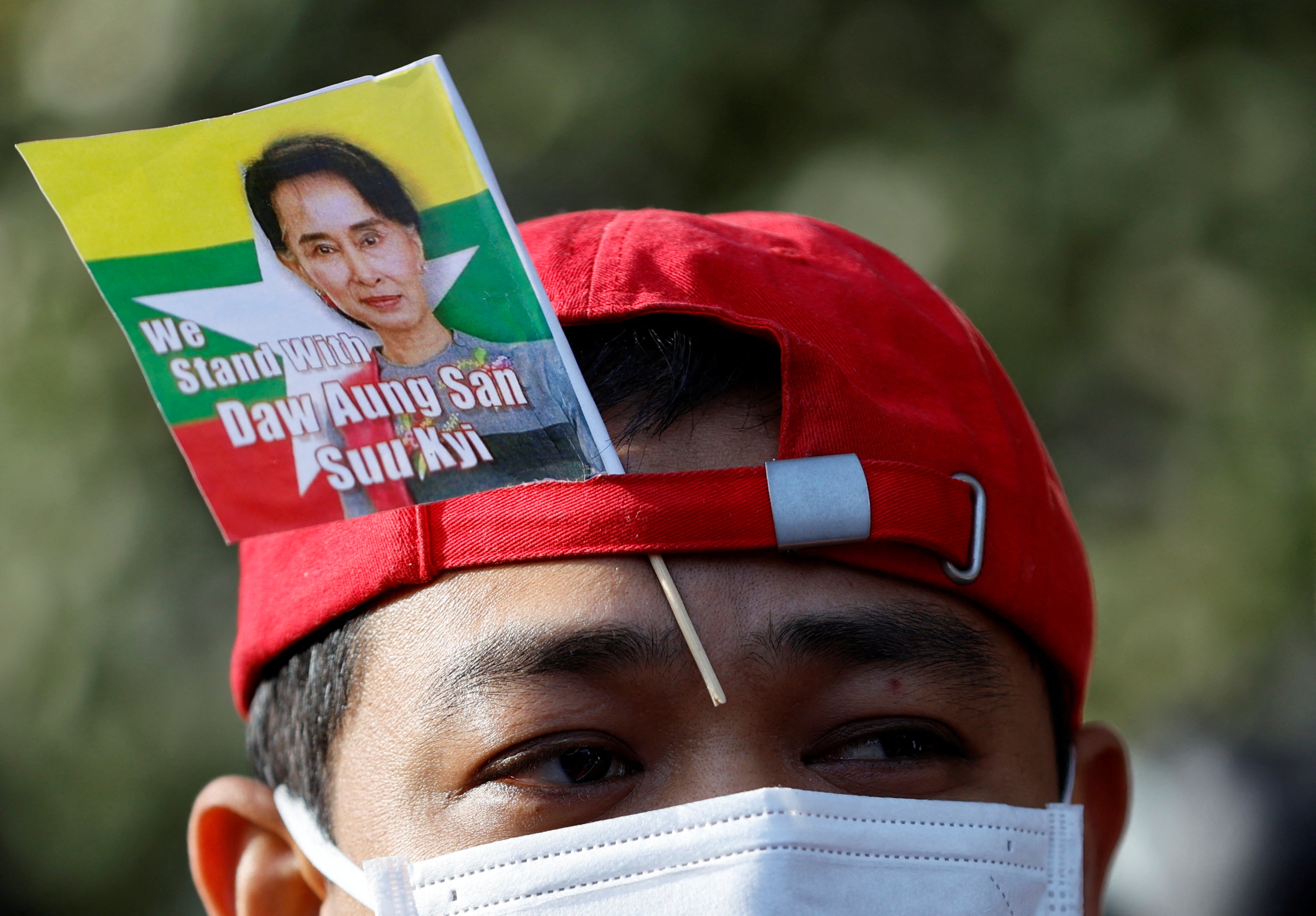 A protester in Japan rallies to mark the second anniversary of Myanmar's coup
