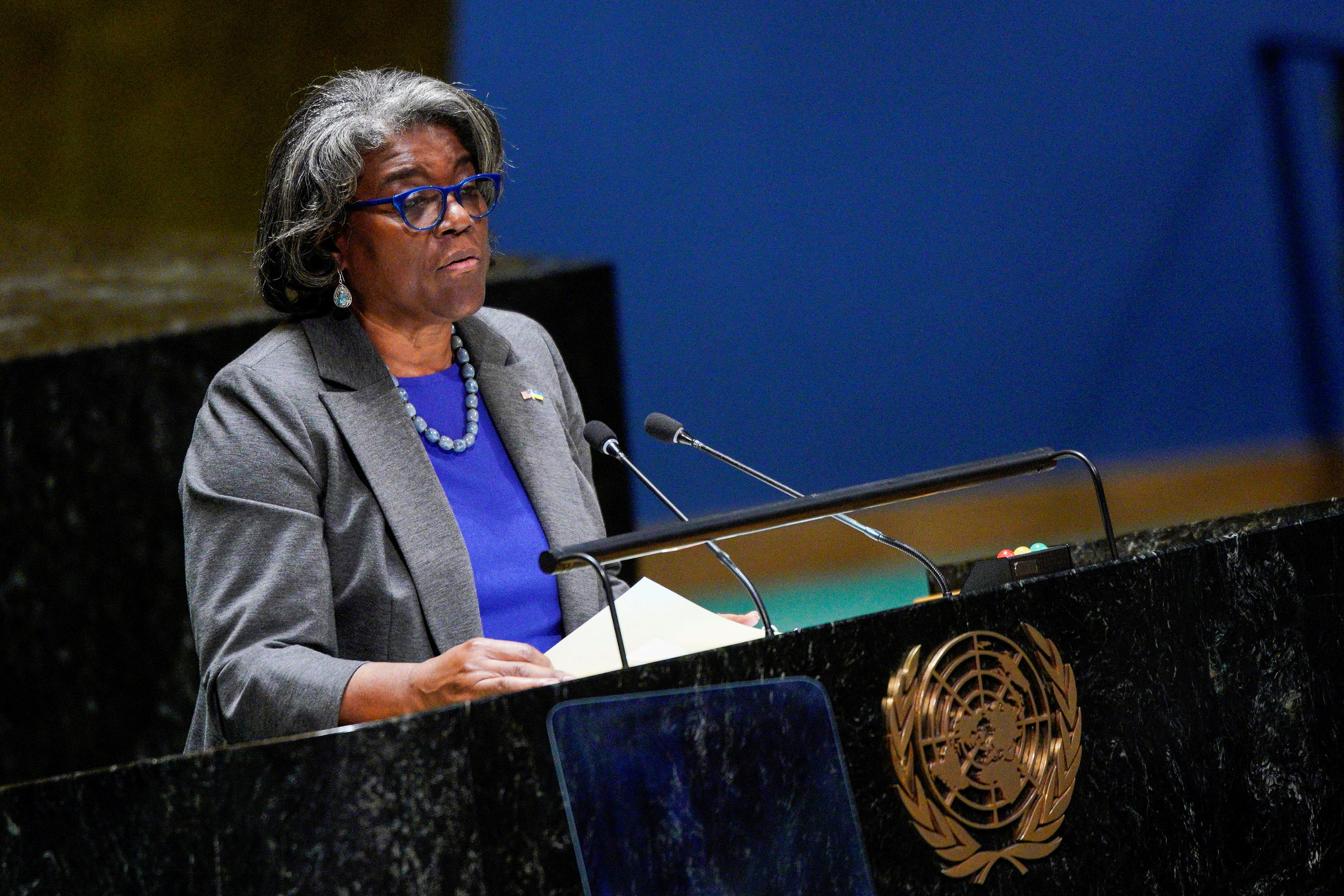 Linda Thomas-Greenfield at a podium