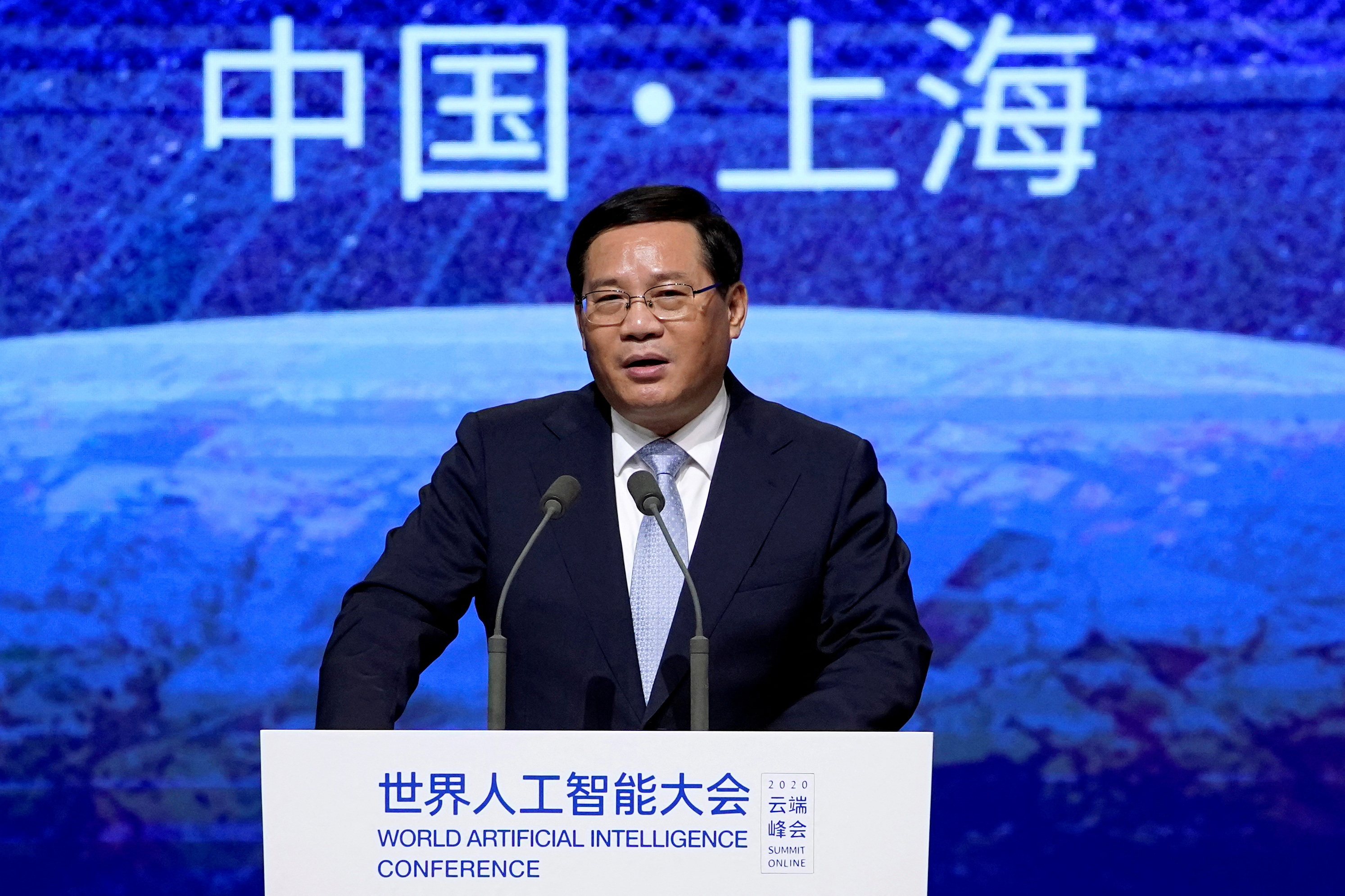 Li Qiang speaks at the opening ceremony of the World Artificial Intelligence Conference in Shanghai, China, July 9, 2020.