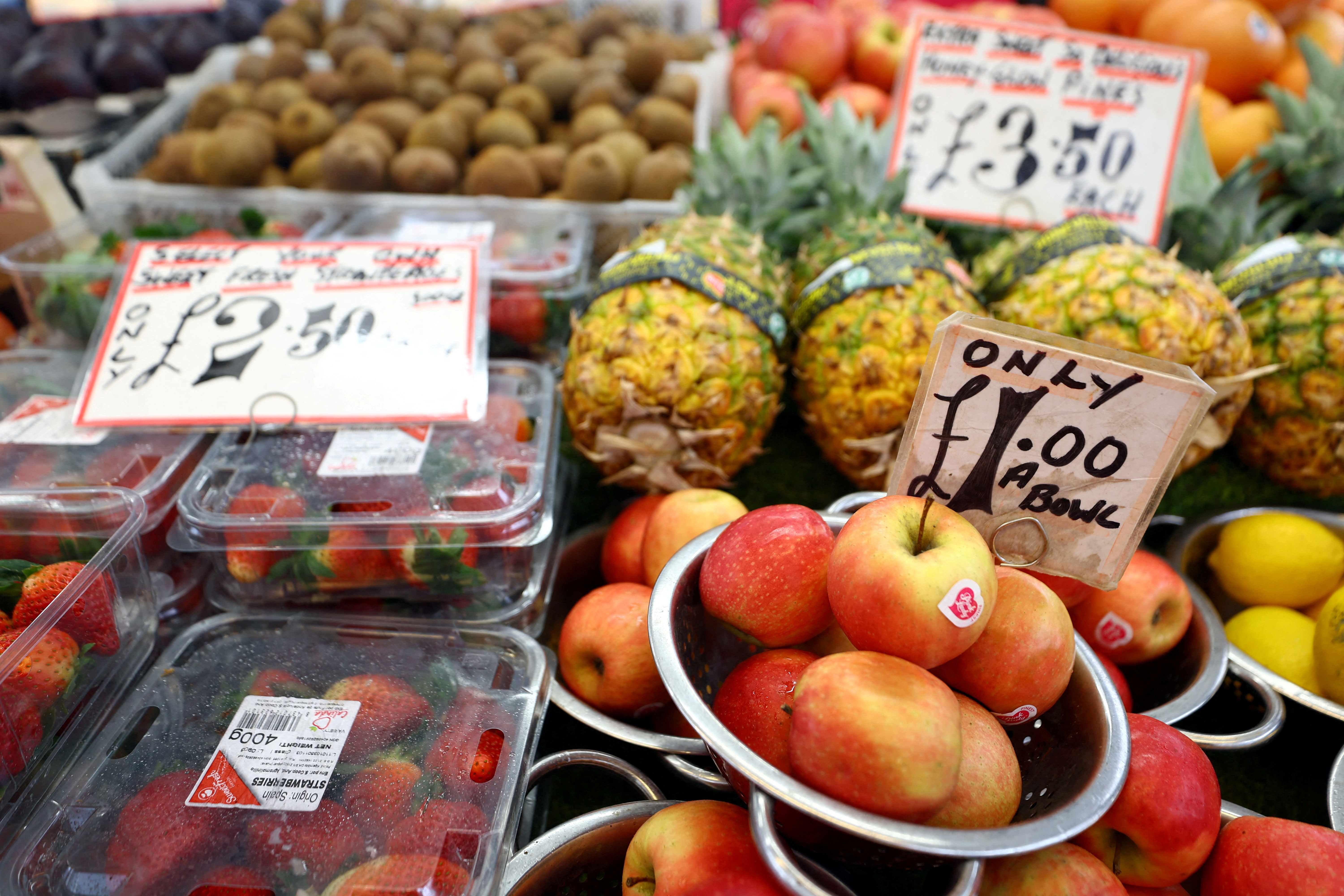 Fruit is displayed for sale on a stall in Lewisham Market, south east London, Britain
