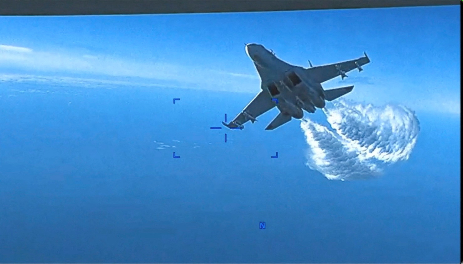 A view from a U.S. Air Force unmanned MQ-9 aircraft of a incident over the Black Sea