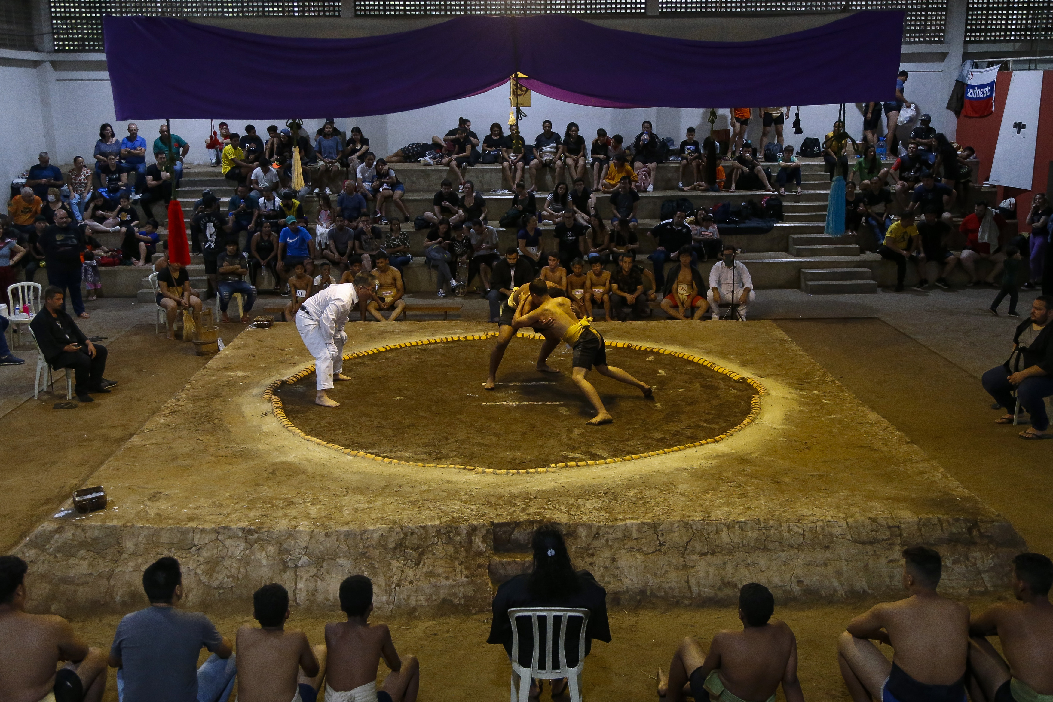 Sumo wrestlers fight during a Brazilian sumo championship bout, a qualifier for the South American championship, in Sao Paulo, Brazil