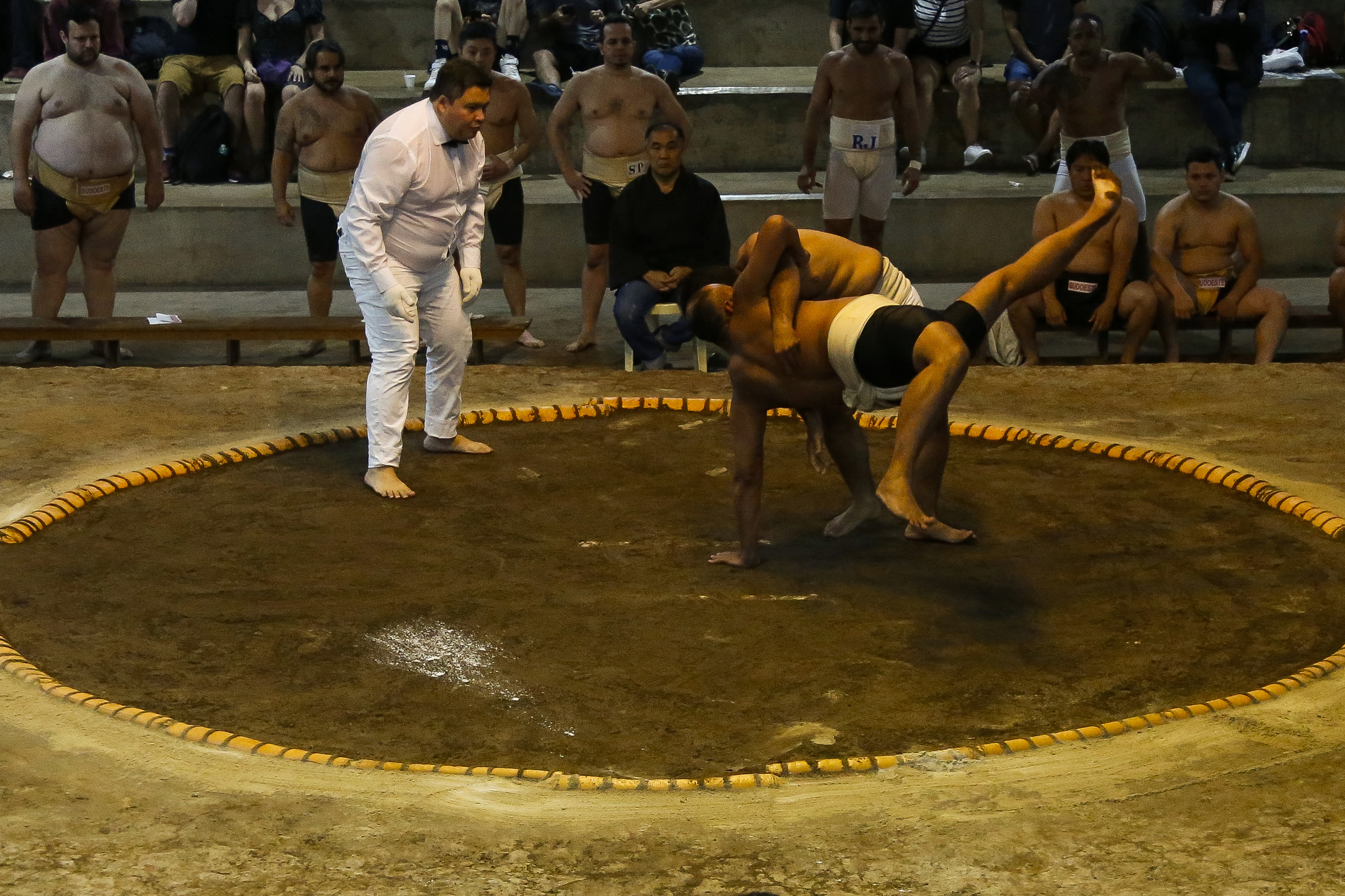 Sumo wrestlers fight during a Brazilian sumo championship bout, a qualifier for the South American championship, in Sao Paulo, Brazil