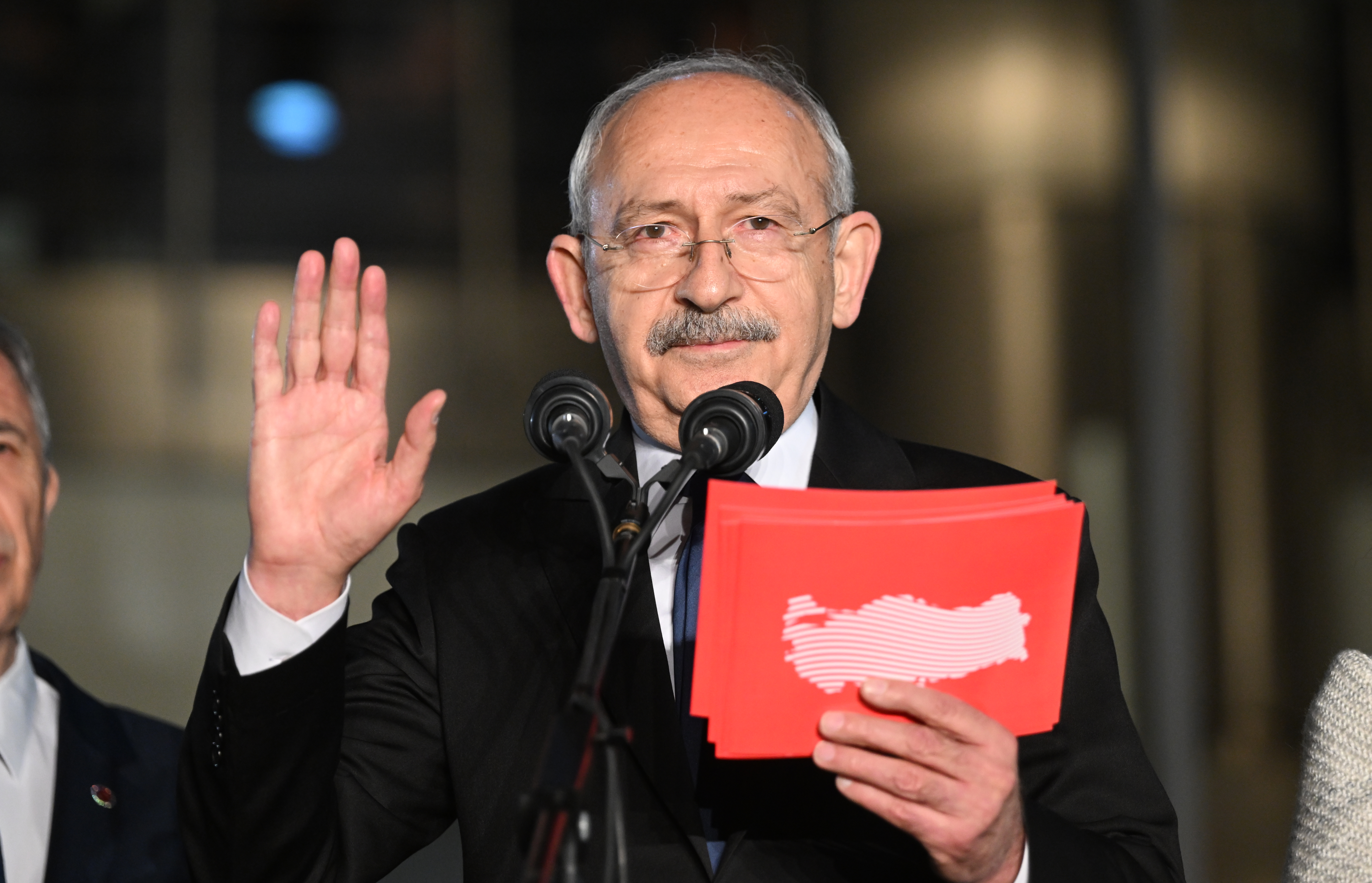 Chairman of the Republican People’s Party Kemal Kilicdaroglu speaks to the crowd after he was nominated as candidate for the presidency by a 6-party opposition bloc, outside the Republican People’s Party Headquarters in Ankara, Turkey, on March 06, 2023.