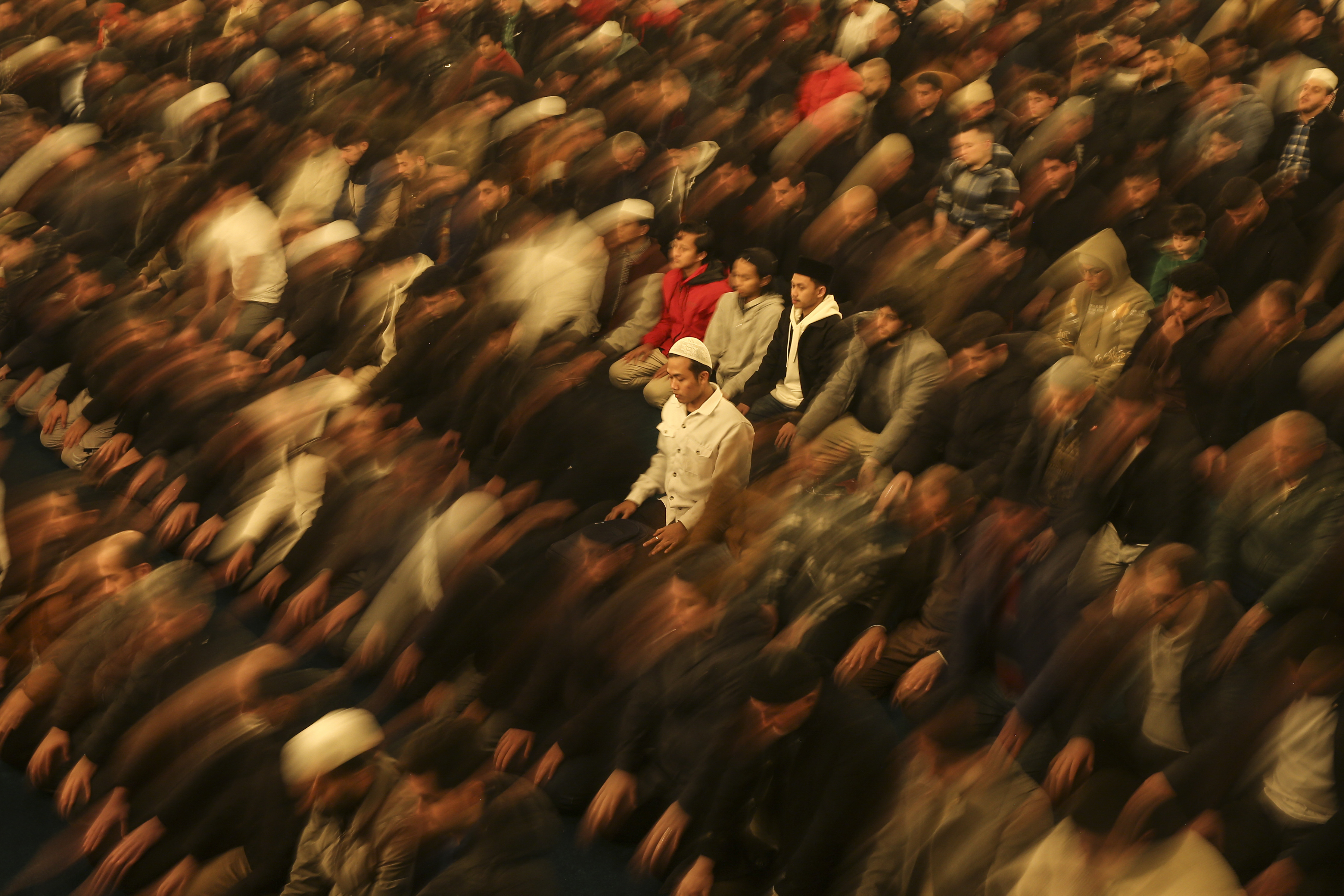 Muslim worshippers perform a night prayer called 'tarawih' during the eve of the first day of the Muslim holy fasting month of Ramadan in Turkey at Hagia Sophia mosque in Istanbul, Turkey