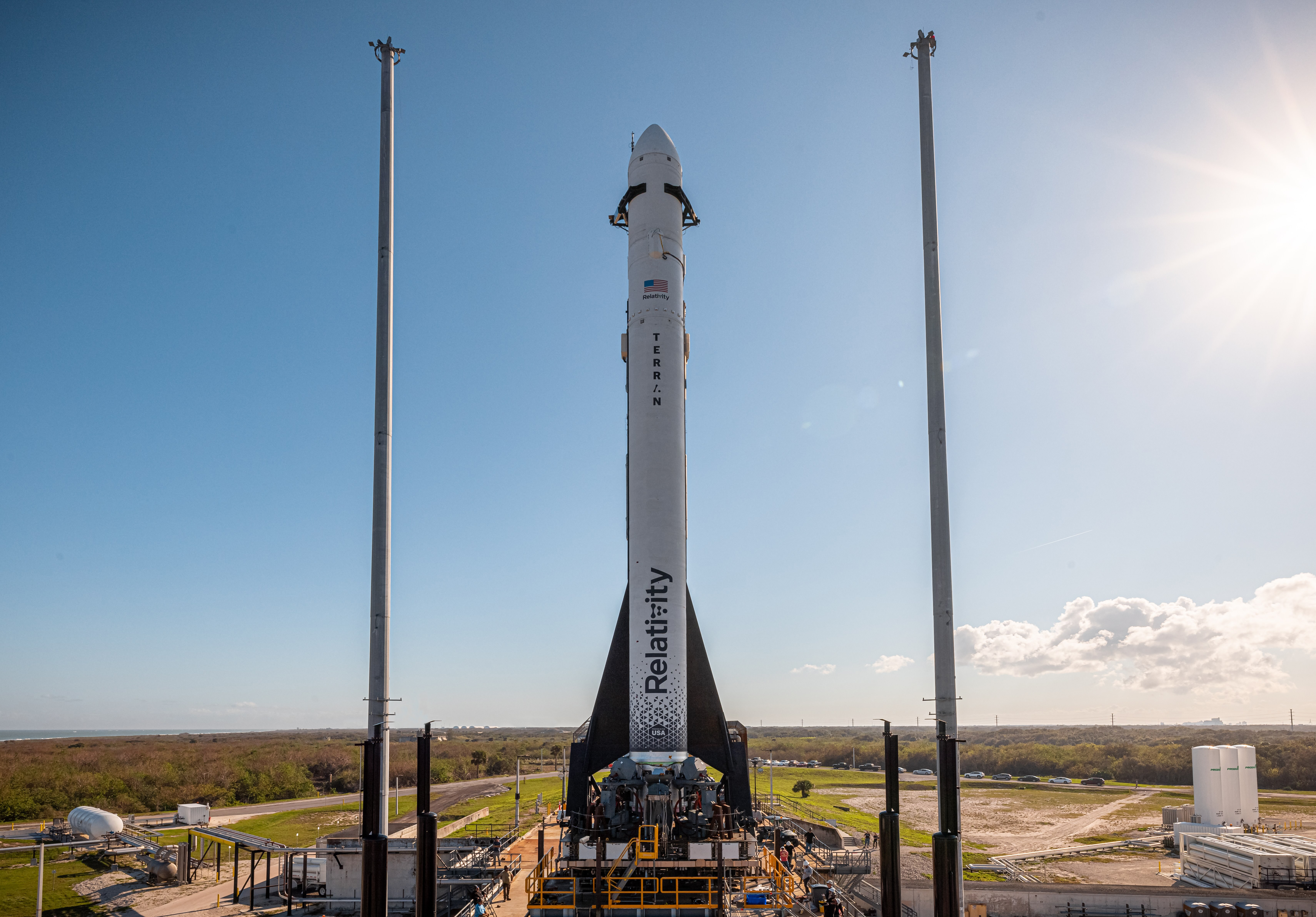 The 3D-printed Terran 1 rocket sits on the launch pad at Cape Canaveral in Florida, the United States [Trevor Mahlmann/ courtesy Relativity Space]