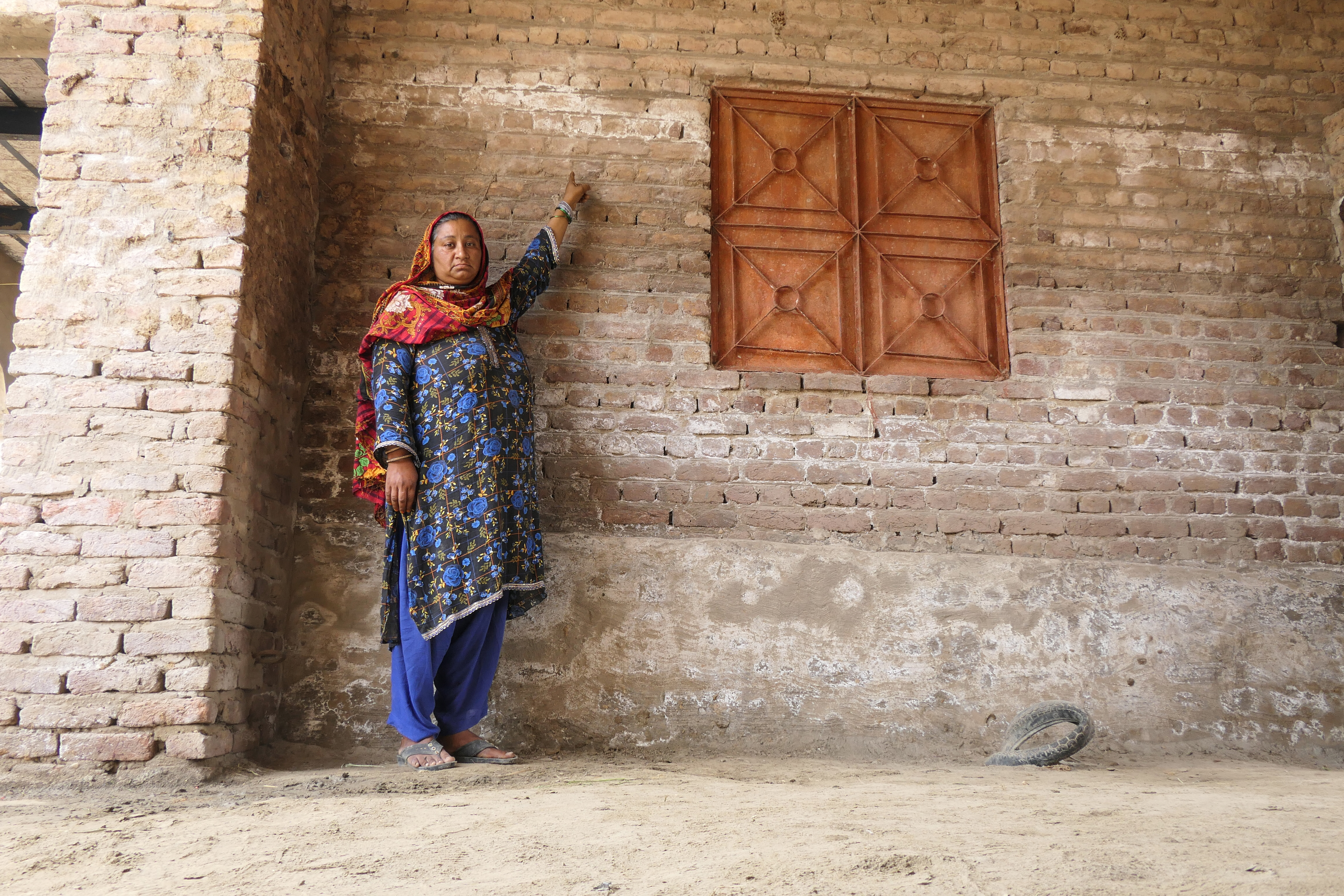 Seema Chandio showing the marks of water level of floods at her cattle shed