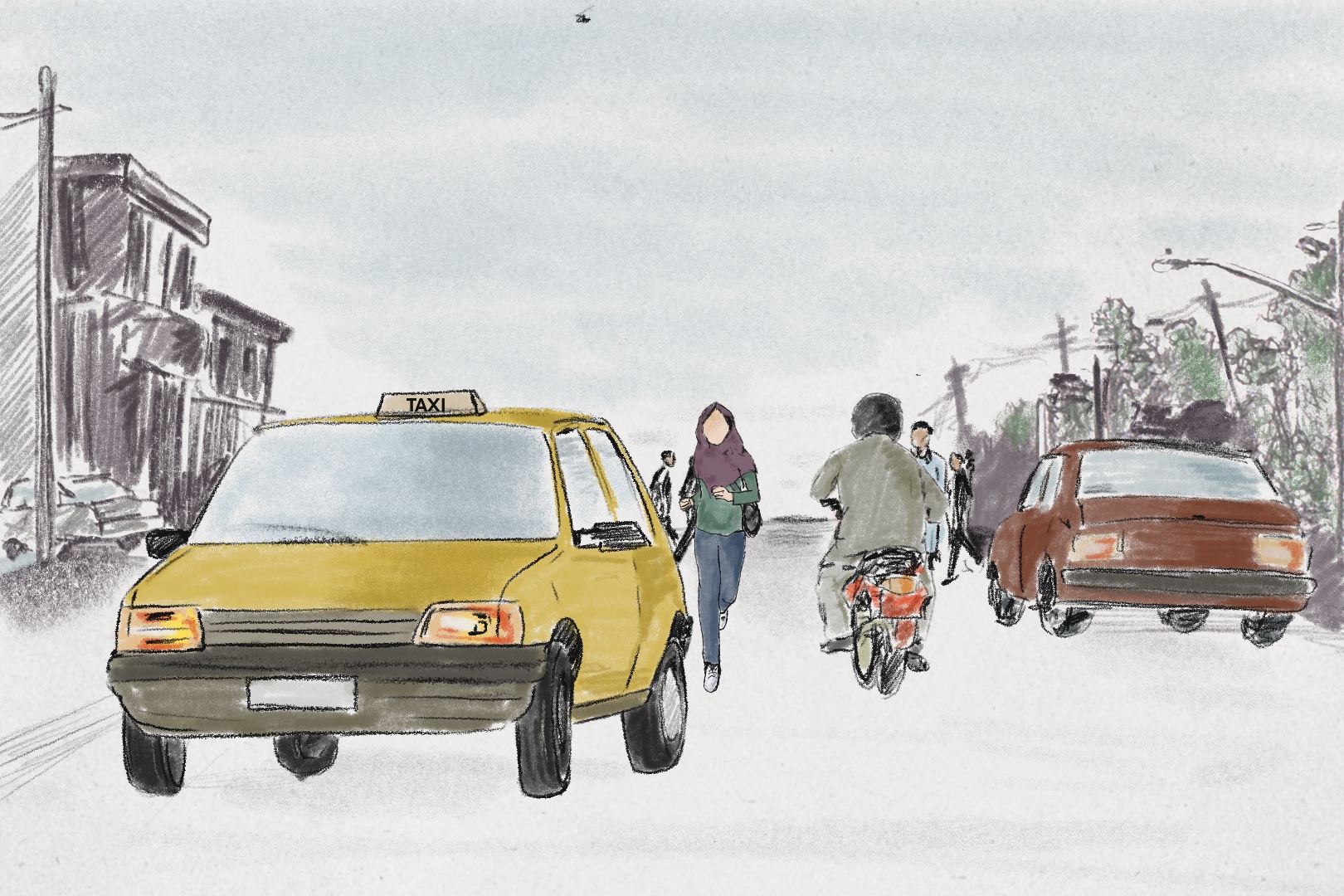 Illustration of a woman running for a taxi