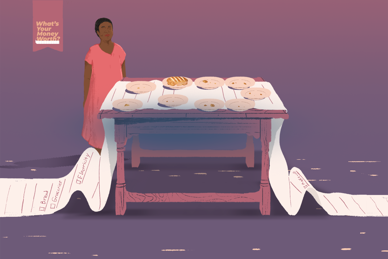 An illustration of a woman standing behind a table that has a large receipt as a table cloth with 9 empty plates apart from one that has a sandwich on it.