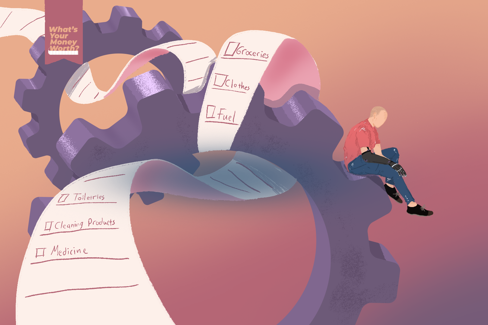 A photo of a very long receipt wrapping around two large floating cogs with a person sitting on one of the cog bumps on the outside.