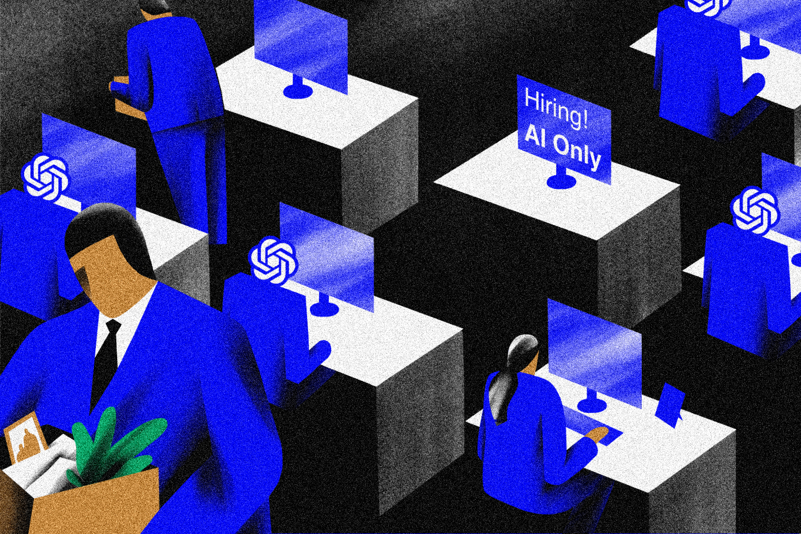 Illustration of people busying themselves at computer workstations with one desk left unattended with "Hiring" and "AI Only" written on the screen. The figure of a man can be seen walking away with a cardboad full of his belongings.