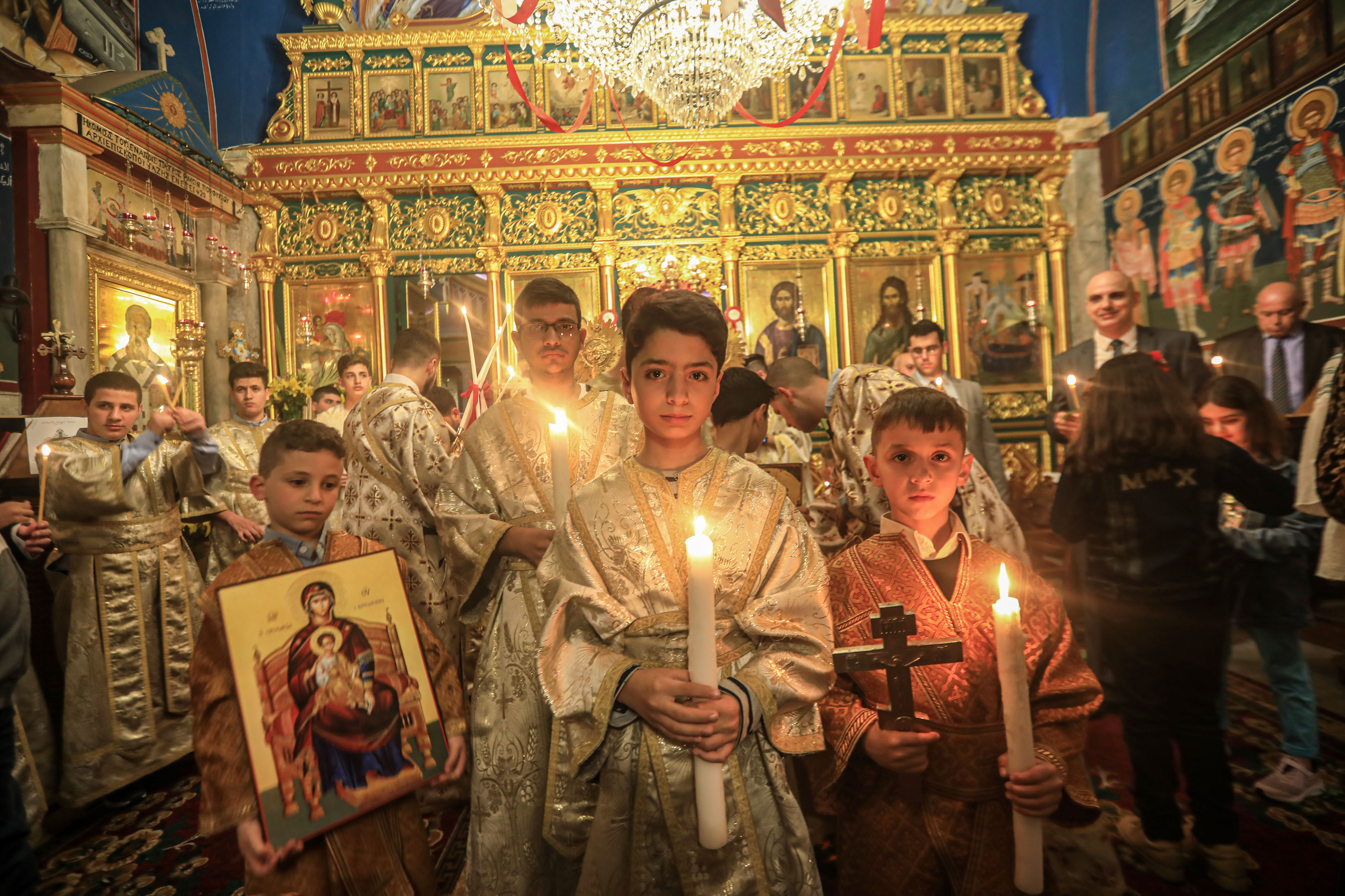 In Gaza, the Greek Orthodox Christian community celebrated Holy Saturday in the Church of Saint Porphyrius