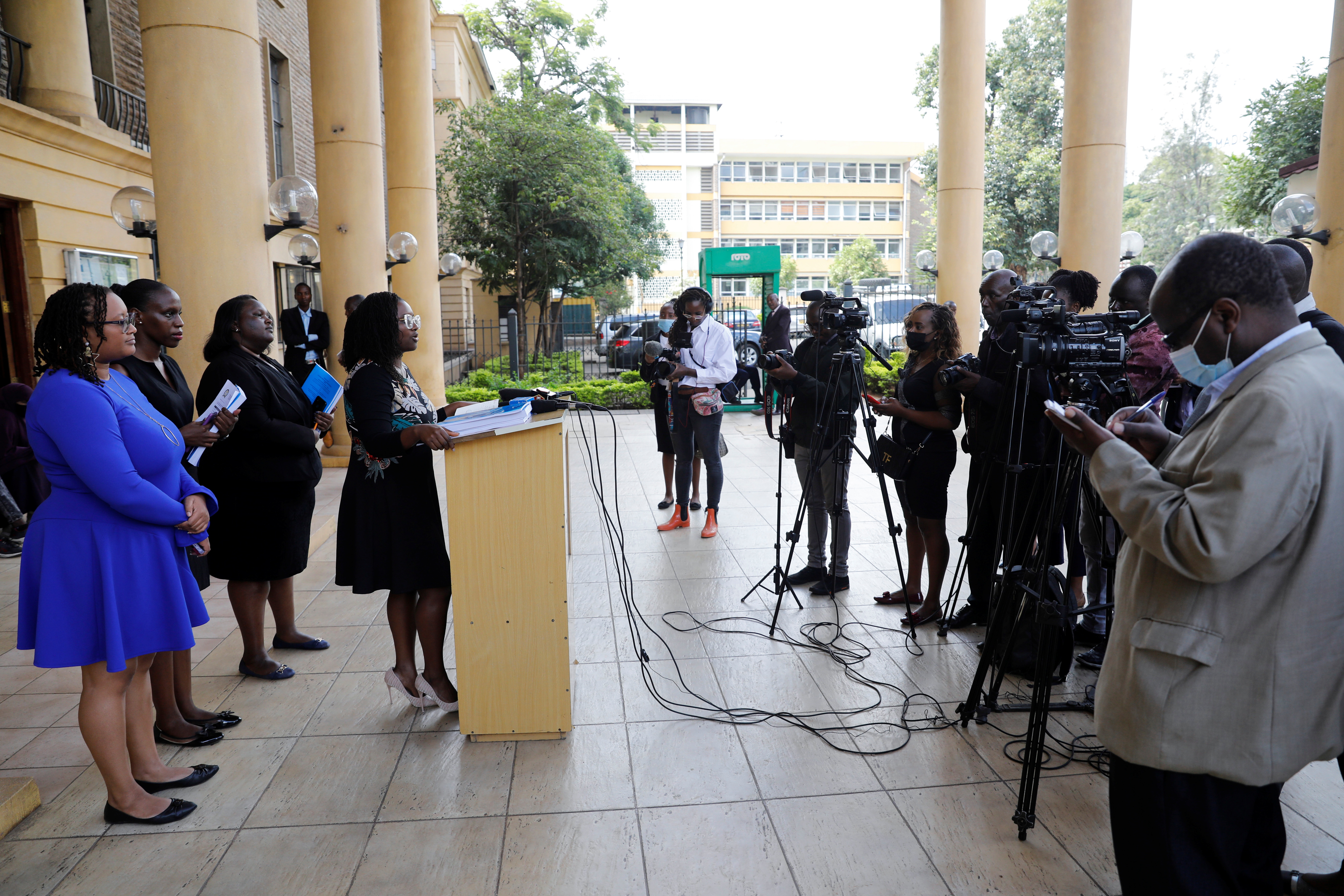 A lawyer representing a former content moderator for Facebook, speaks during a news conference after filing a lawsuit against Facebook owner Meta Platforms Inc and its local content moderation contractor Sama, at the Milimani Law Courts in Nairobi, Kenya, May 10, 2022 [Baz Ratner/Reuters]