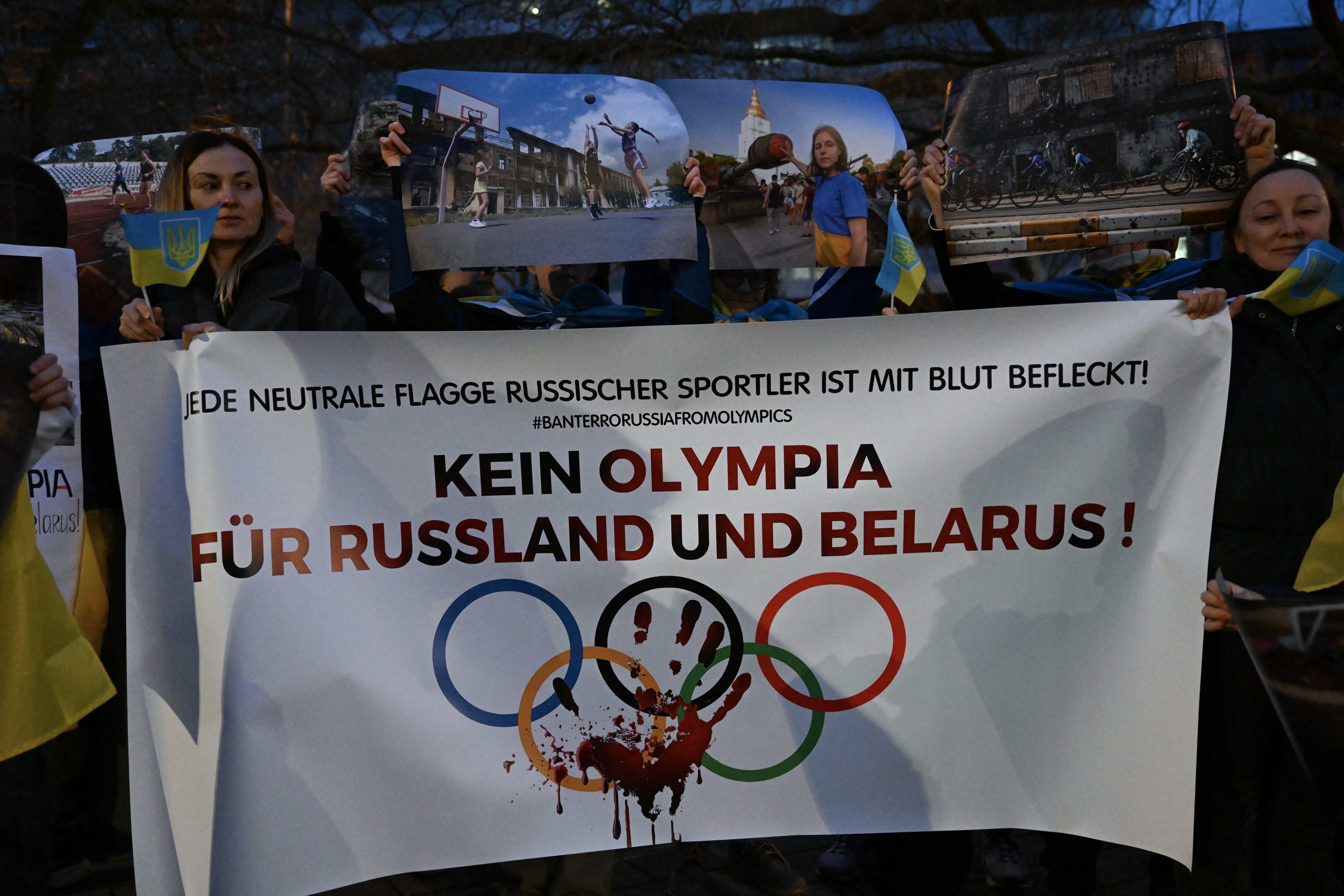 Ukrainian refugees protest against any participation of Russian and Belarusian athletes at the Paris 2024 Olympic Games