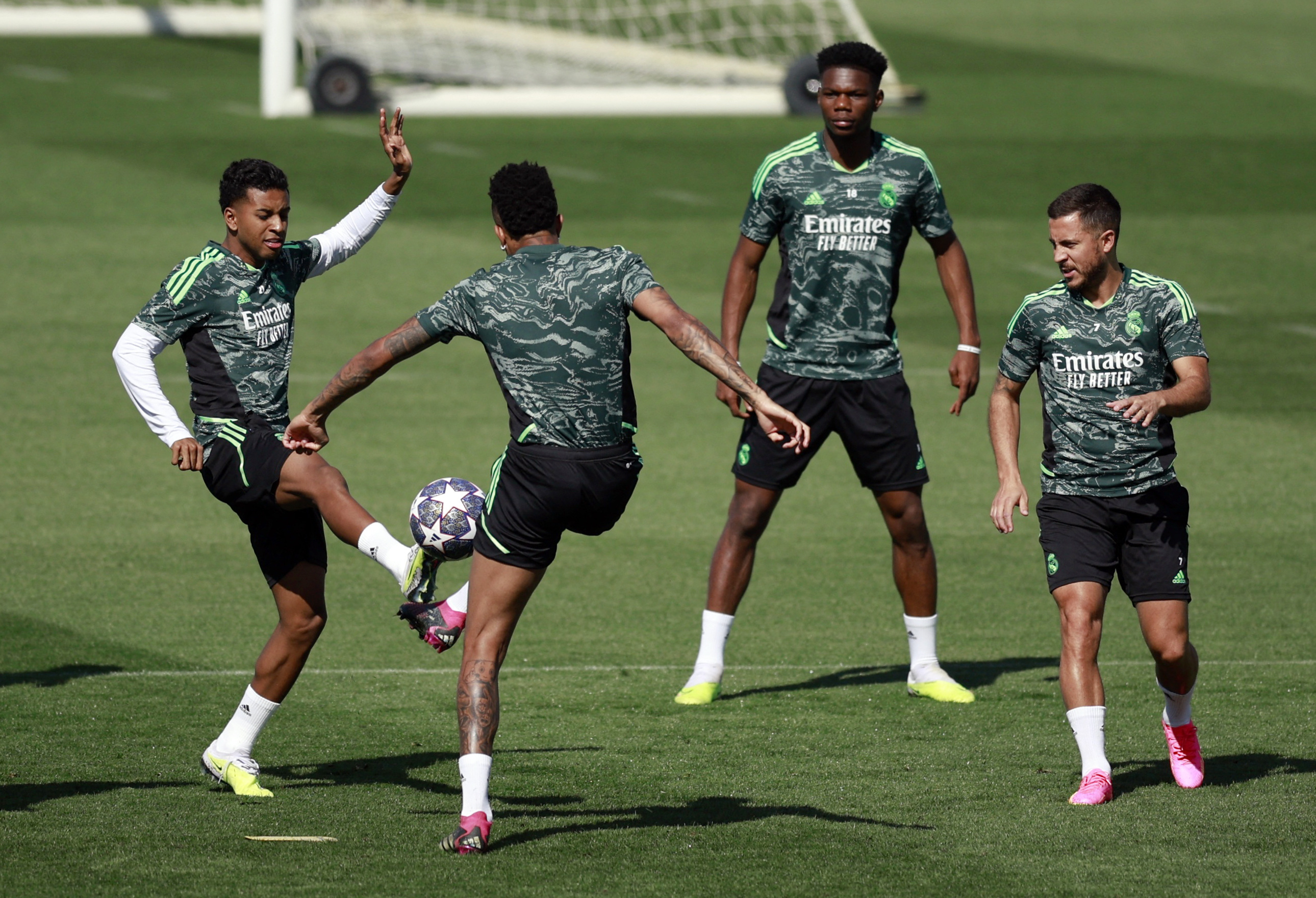 Real Madrid's Eden Hazard, Aurelien Tchouameni and Rodrygo during training