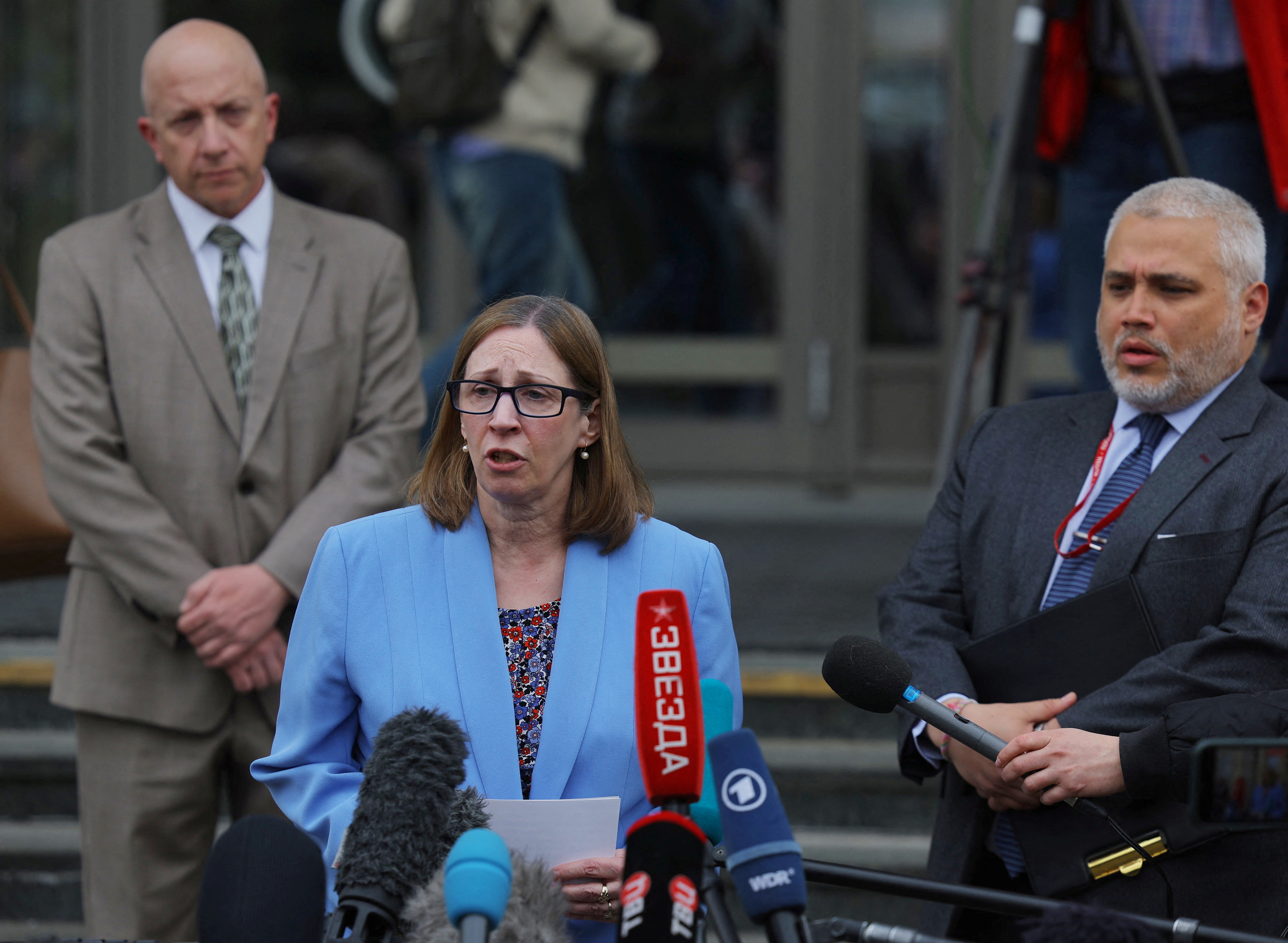 U.S. Ambassador to Russia Lynne Tracy speaks to the media outside a court building after a hearing to consider an appeal against the detention of Wall Street Journal reporter Evan Gershkovich, charged with espionage, in Moscow, Russia April 18, 2023.