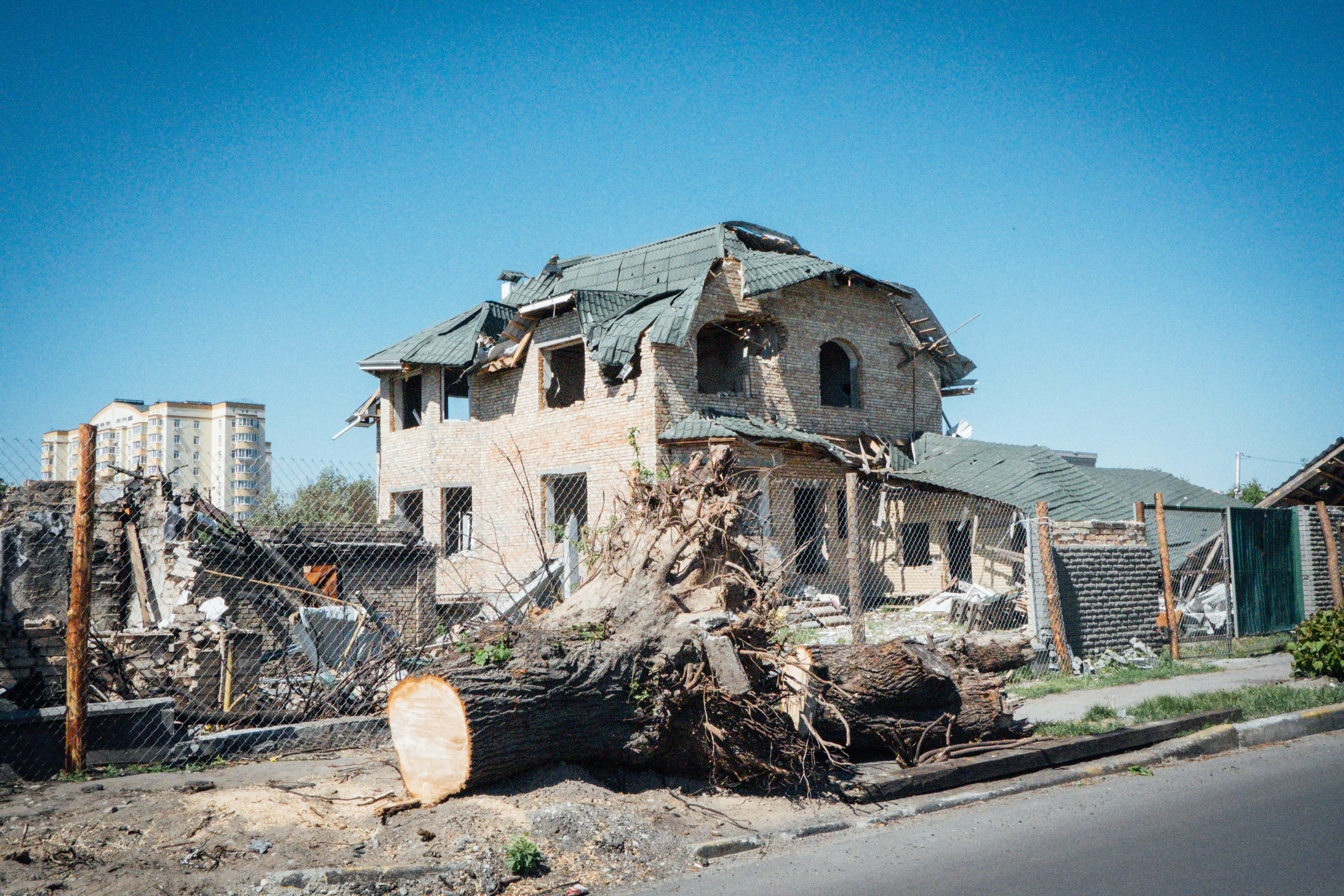 A photo of a damaged building.