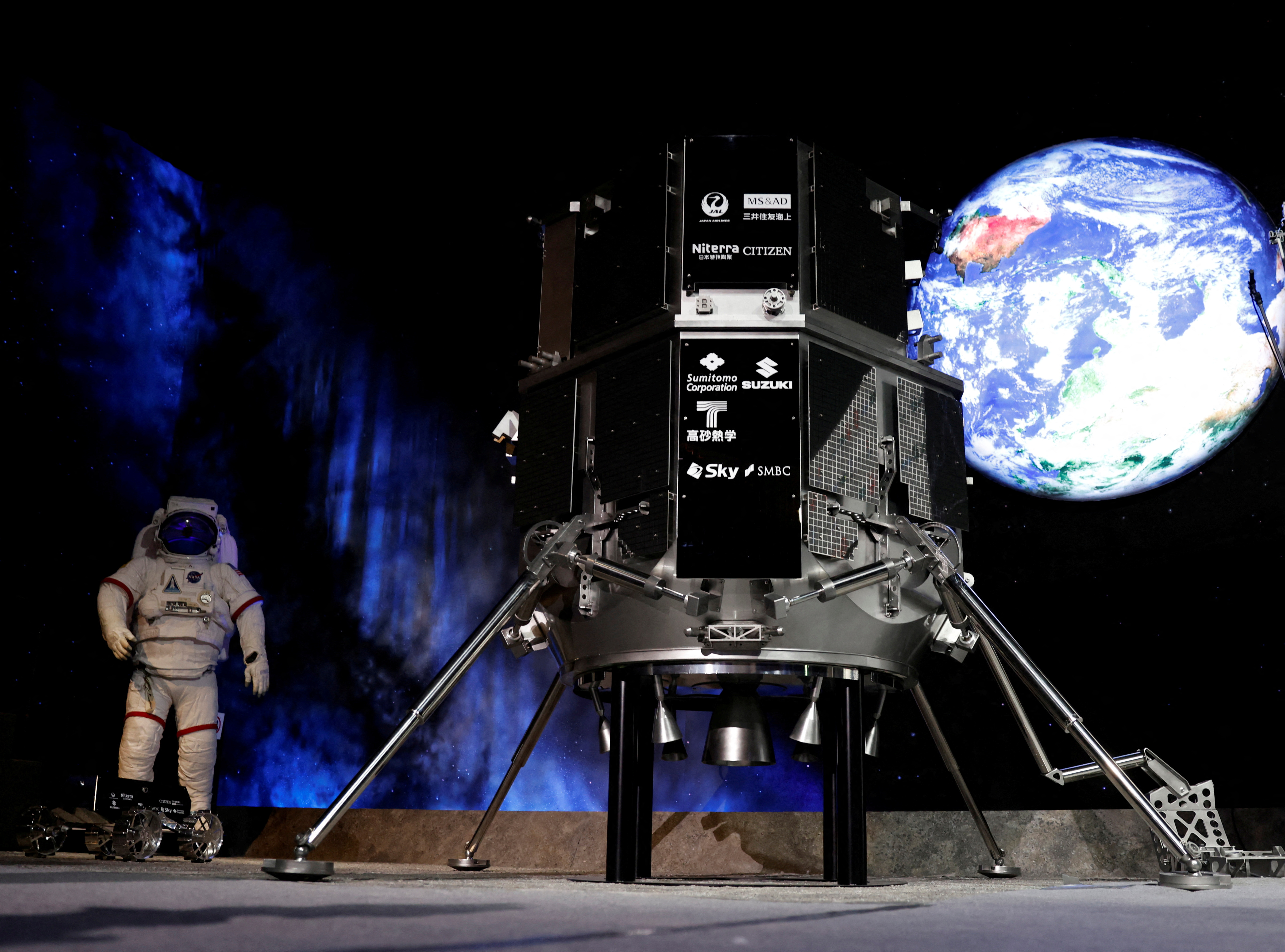 A model of the lander in HAKUTO-R lunar exploration program by "ispace" is pictured at a venue to monitor its landing on the Moon, in Tokyo, Japan.
