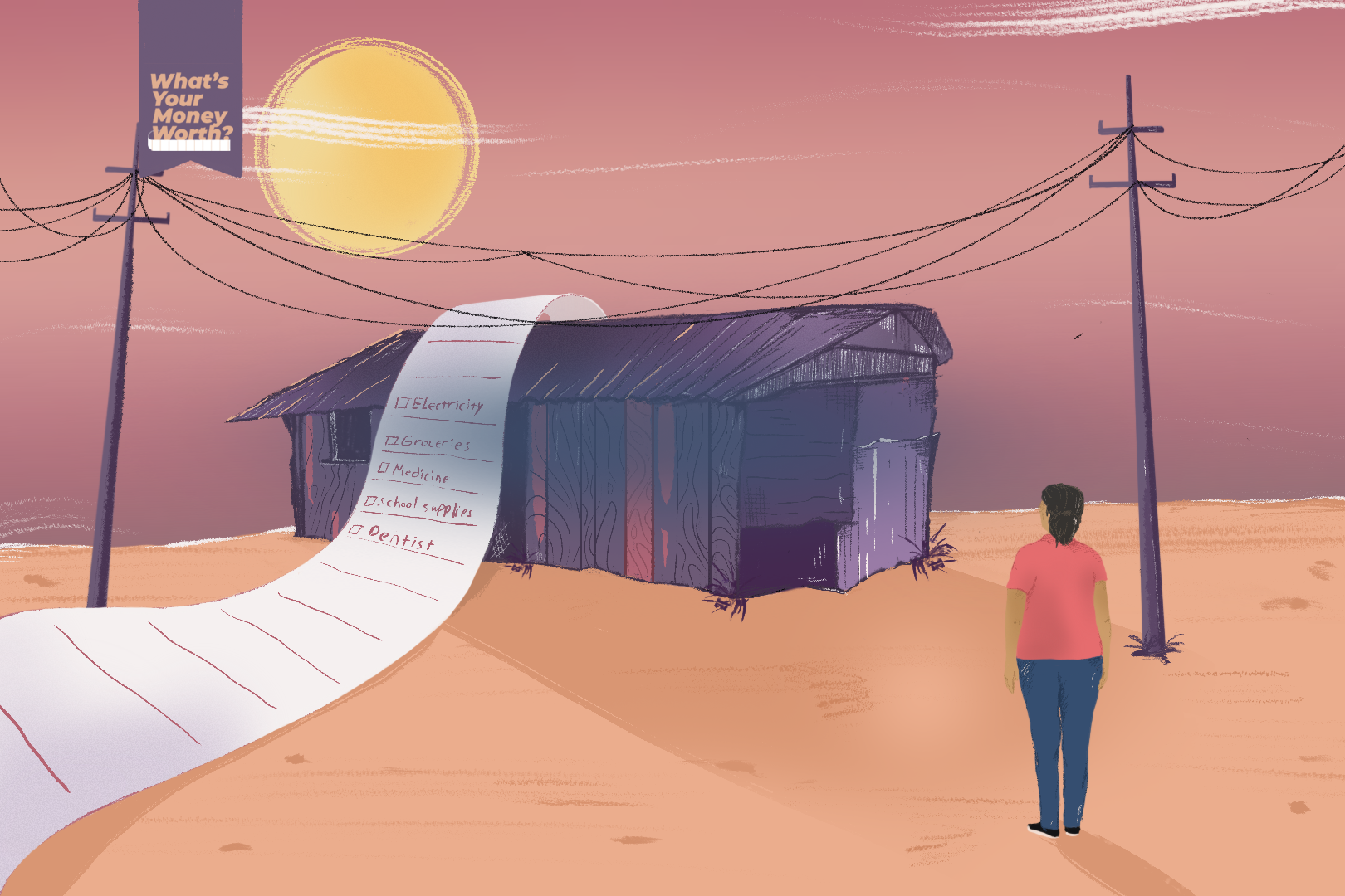 An illustration of a person walking towards a house that looks like a shack with a long receipt going over the house.