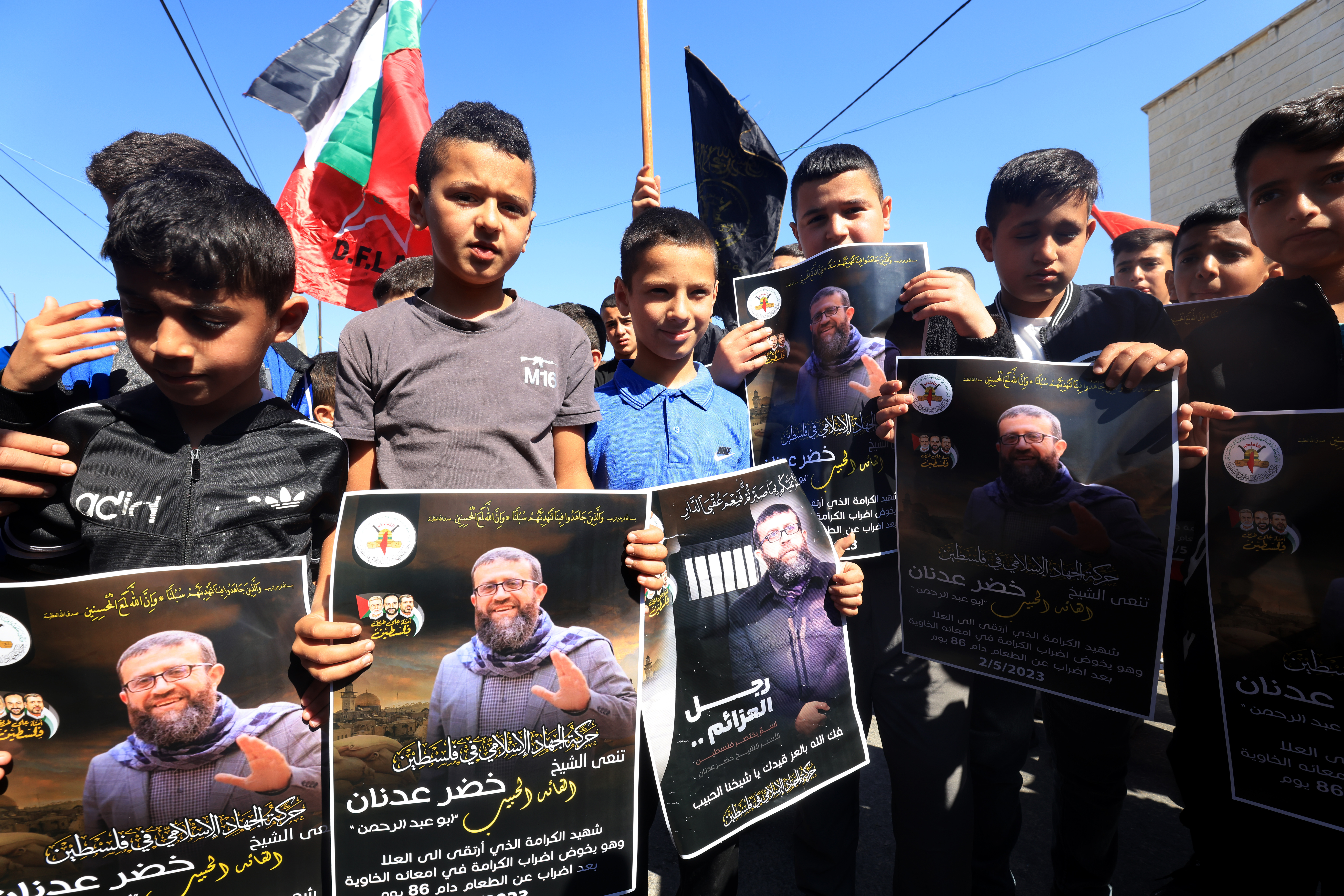 People protest next to the home of Palestinian Islamic Jihad member Khader Adnan, following his death, in the village of Araba, near the West Bank City of Jenin, 02 May 2023. Israeli prison authorities said that Adnan died on 02 May 2023 in jail following more than 85 days of hunger strike. EPA-EFE/ALAA BADARNEH