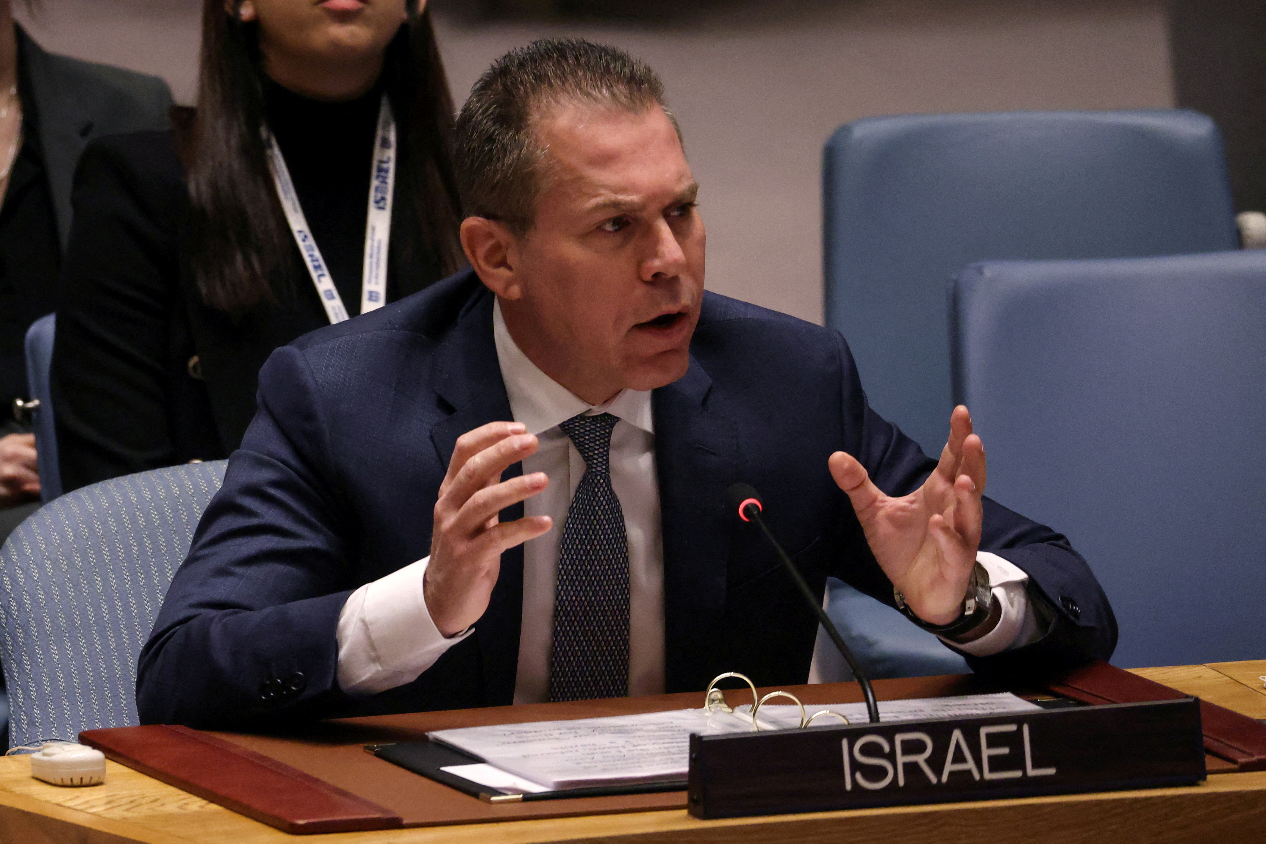 Israel’s Ambassador to the United Nations Gilad Erdan addresses the United Nations Security Council as the Council meets to discuss the issue of Israeli settlement activities in the occupied Palestinian territory at U.N. headquarters in New York City, New York, U.S., February 20, 2023. REUTERS/Mike Segar