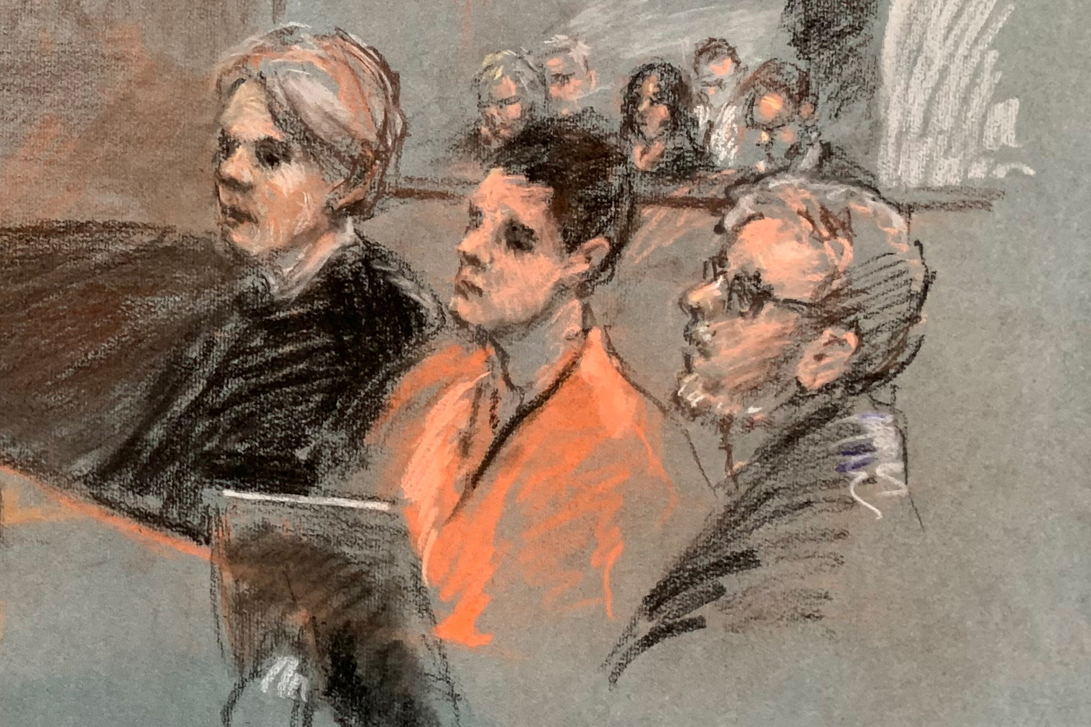 Jack Douglas Teixeira, a U.S. Air Force National Guard airman accused of leaking highly classified military intelligence records online, appears wearing an orange jumpsuit, where the judge accepted his request to waive his right to a preliminary hearing in Boston, Massachusetts, U.S. April 19, 2023 in a courtroom sketch. REUTERS/Margaret Small. NO RESALES. NO ARCHIVES.