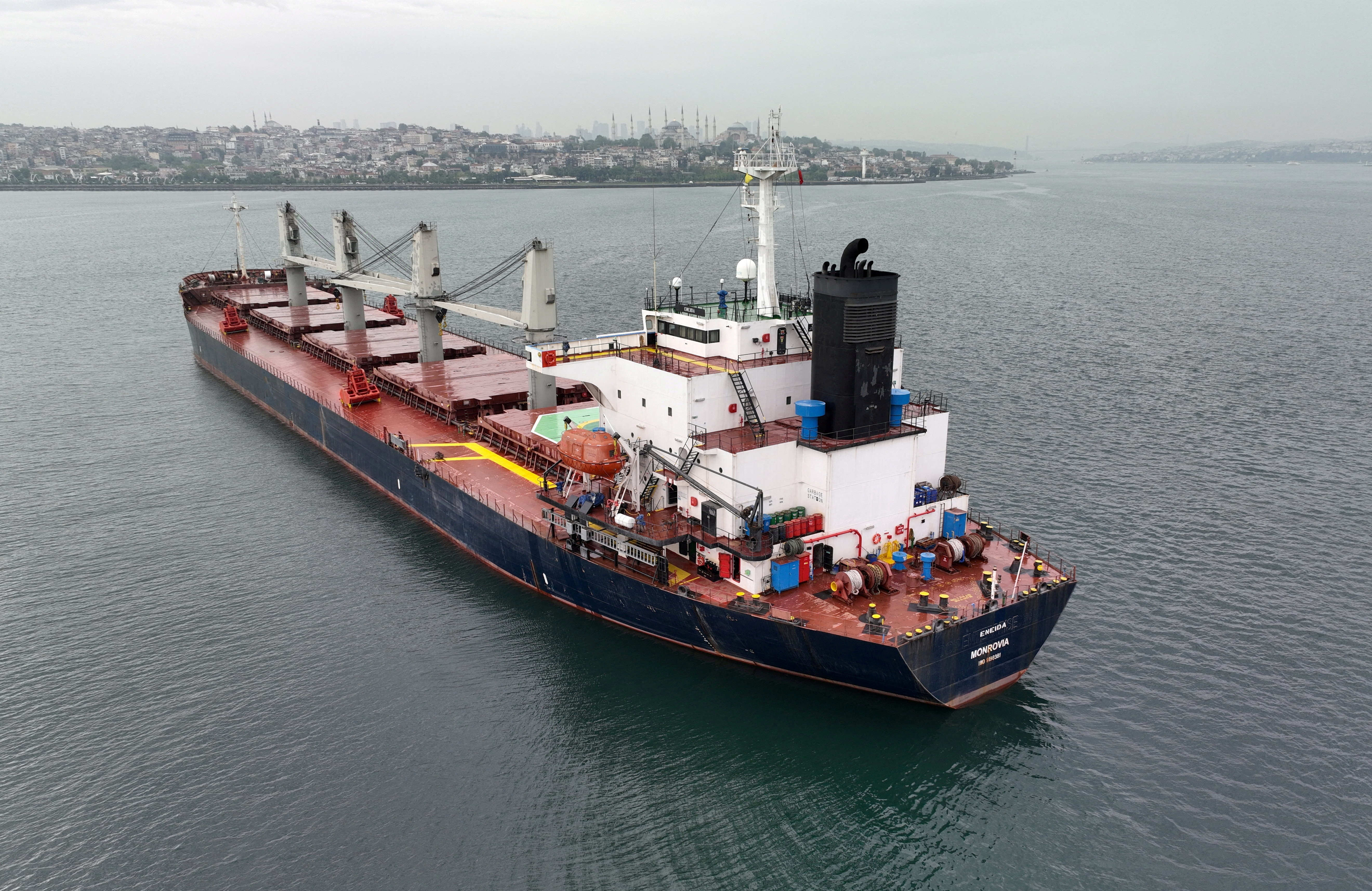 Liberia-flagged bulker Eneida, carrying grain under UNÕs Black Sea grain initiative, waits for inspection in the southern anchorage of Istanbul.