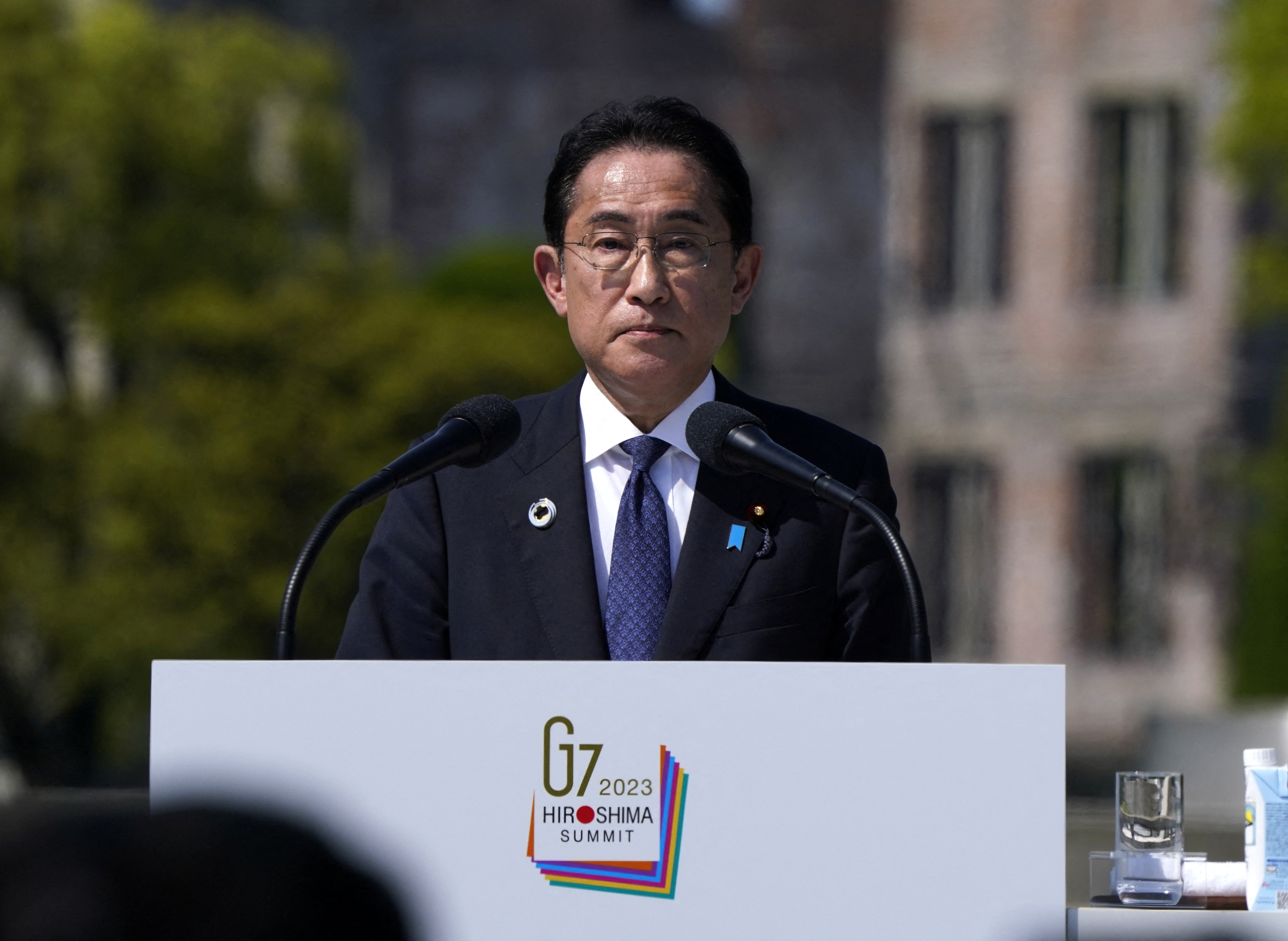 Japan’s Prime Minister Fumio Kishida speaks at the G7