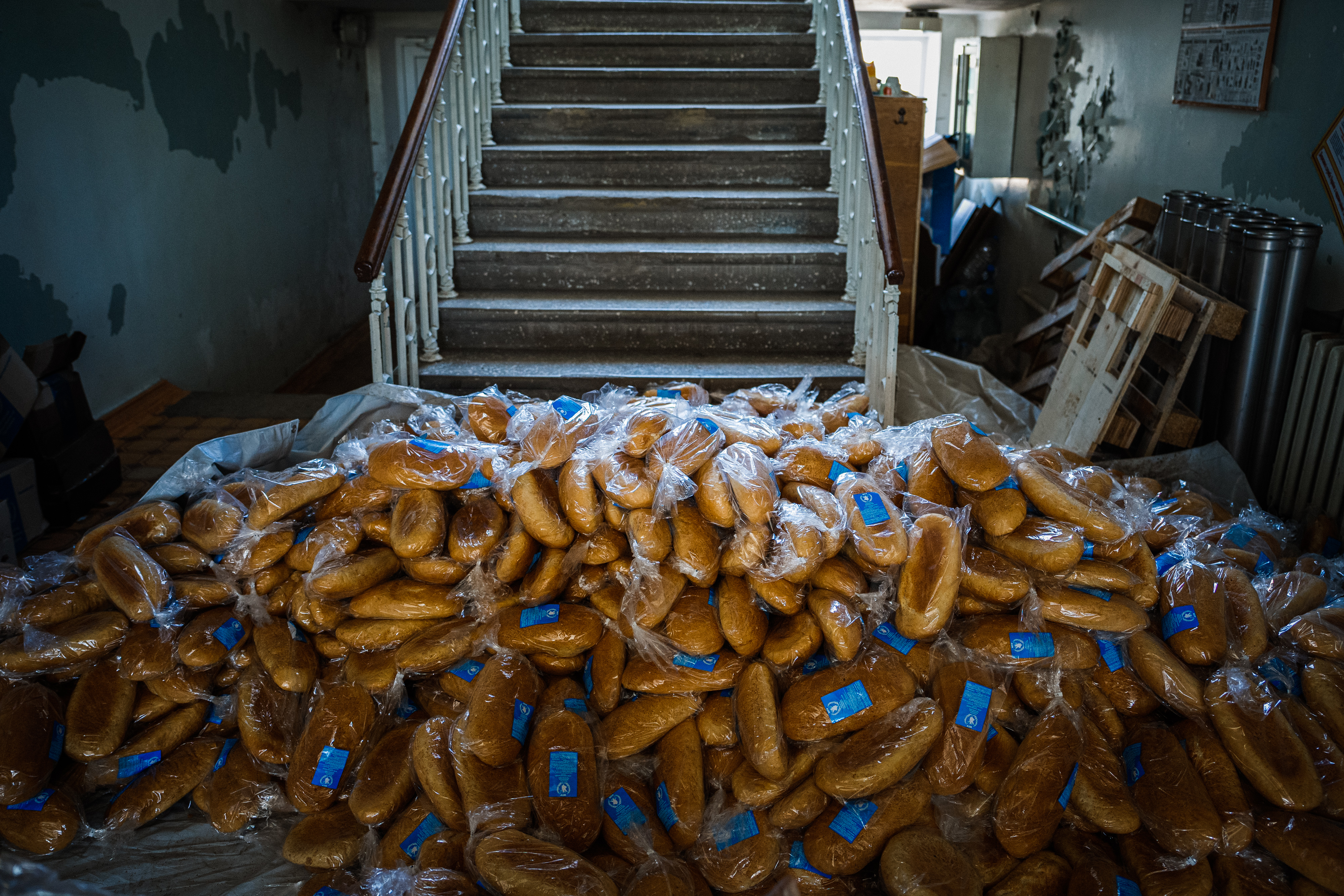 bags of bread at a distribution spot in Siversk, Donetsk region