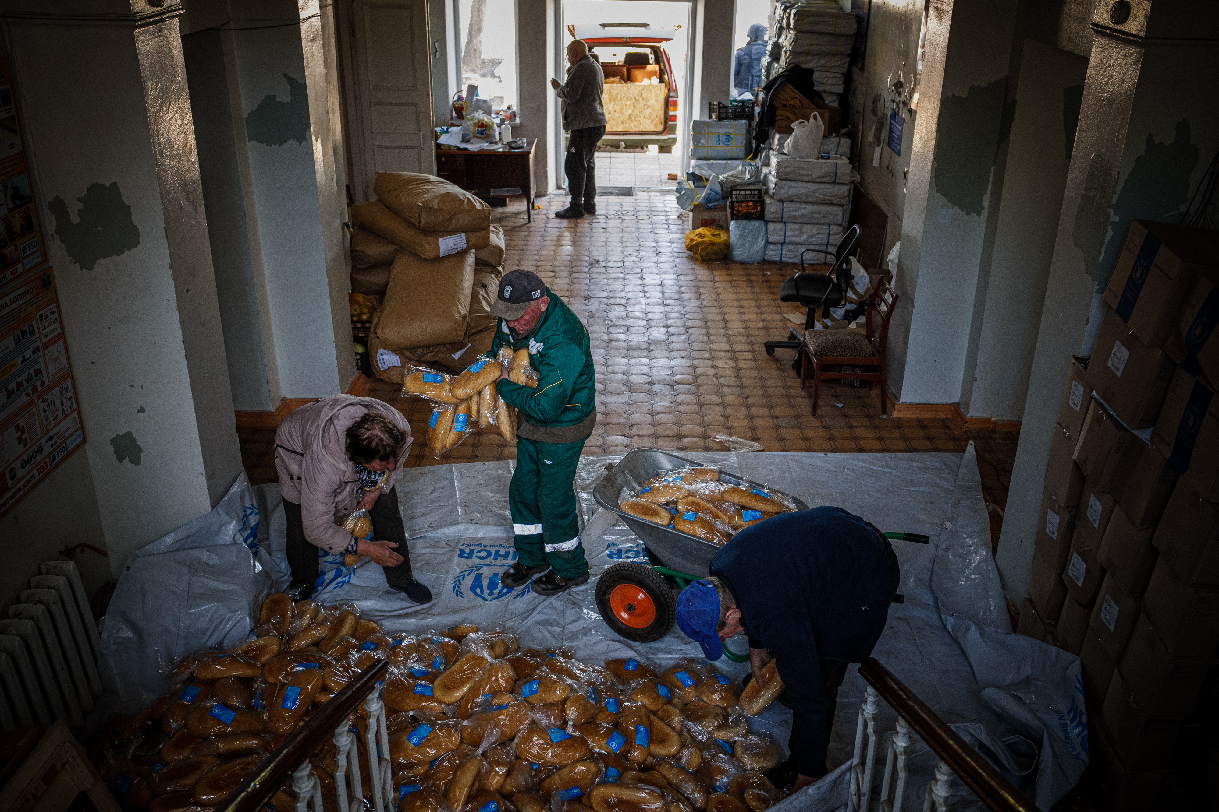 bags of bread at a distribution spot in Siversk, Donetsk region