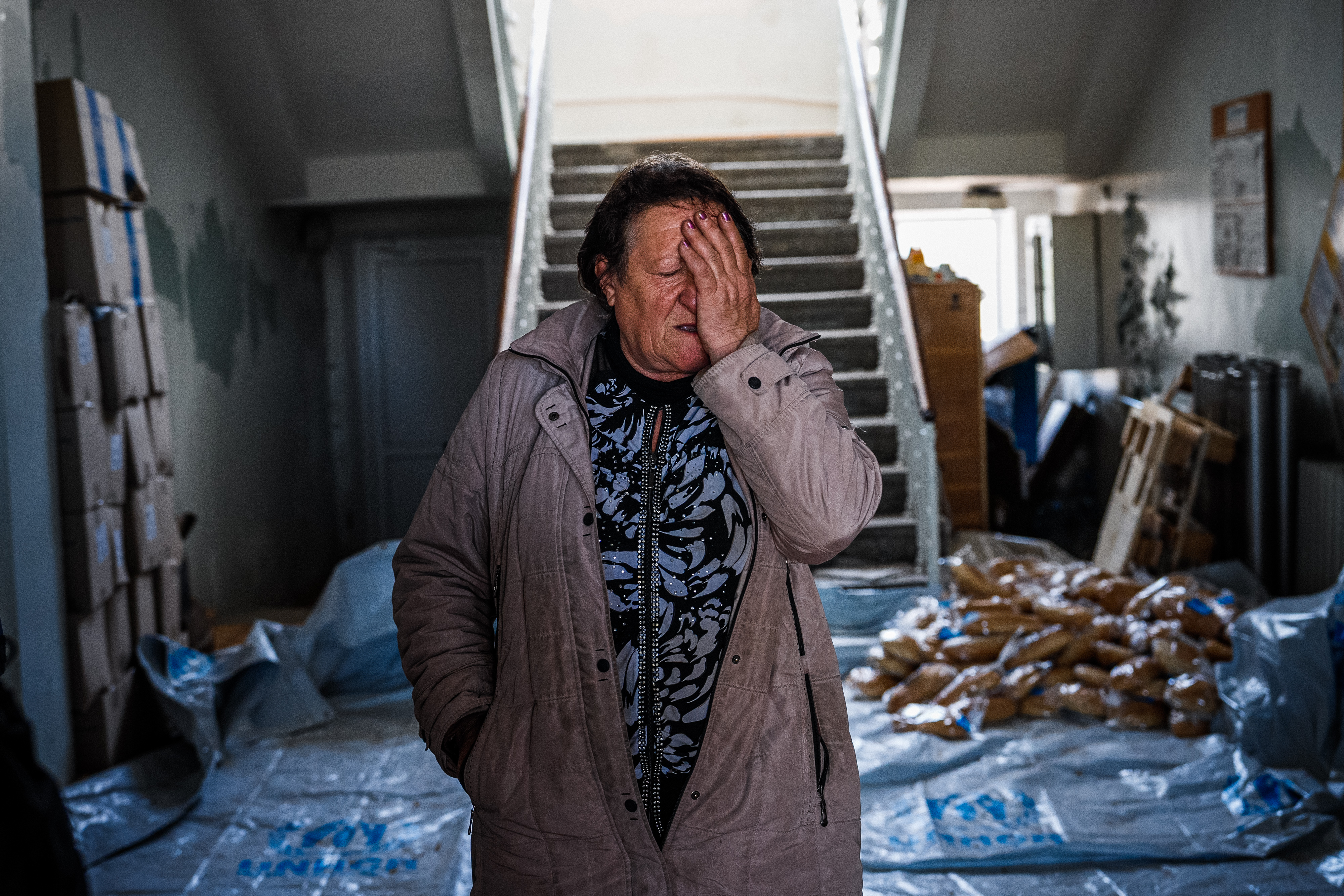 bags of bread at a distribution spot in Siversk, Donetsk region