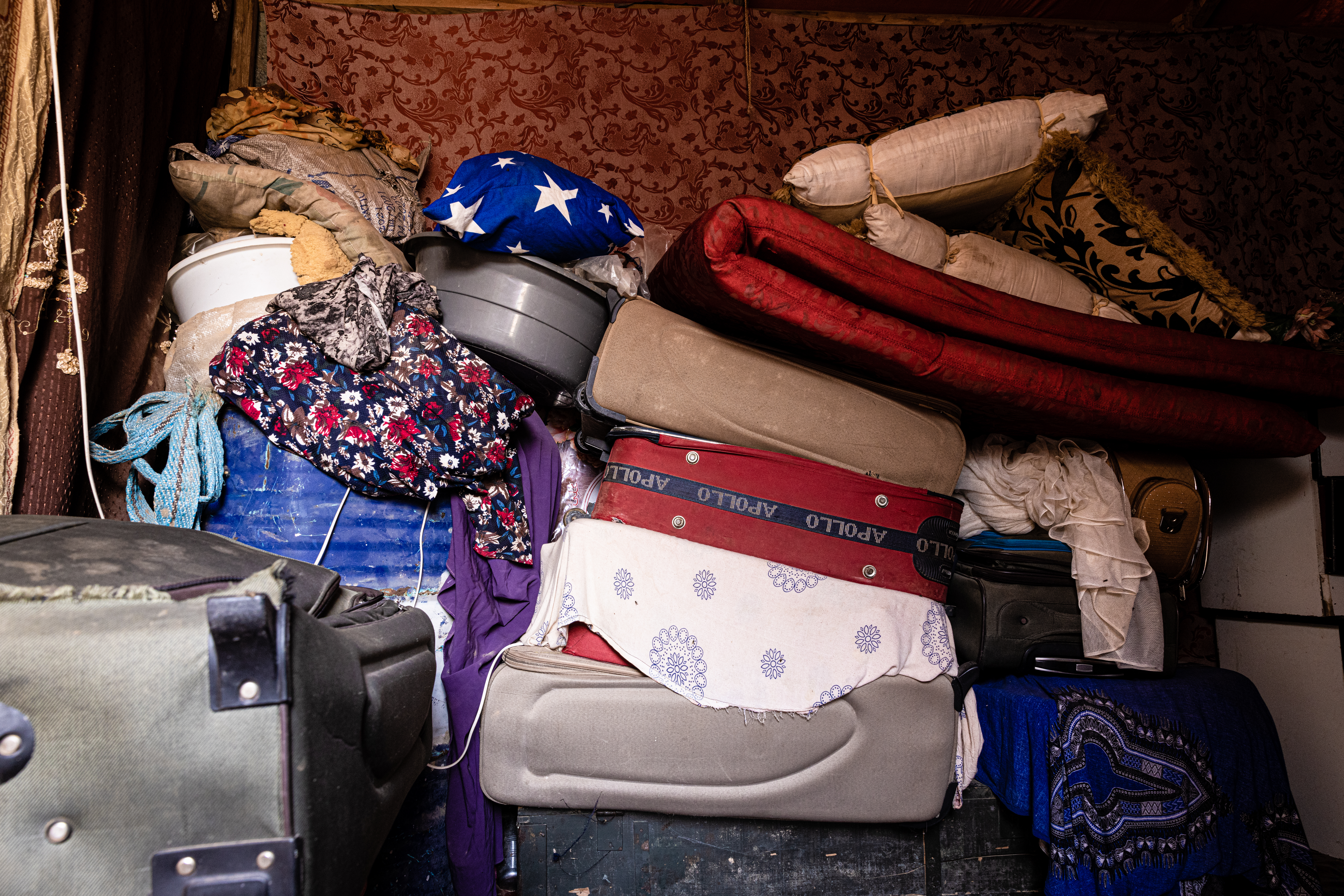 Hawa’s belongings inside the shack, where she lives with her children. Tawakal is her second camp, and as the agreement with the landowner is about to expire, Hawa is worried she and her community will have to move again.