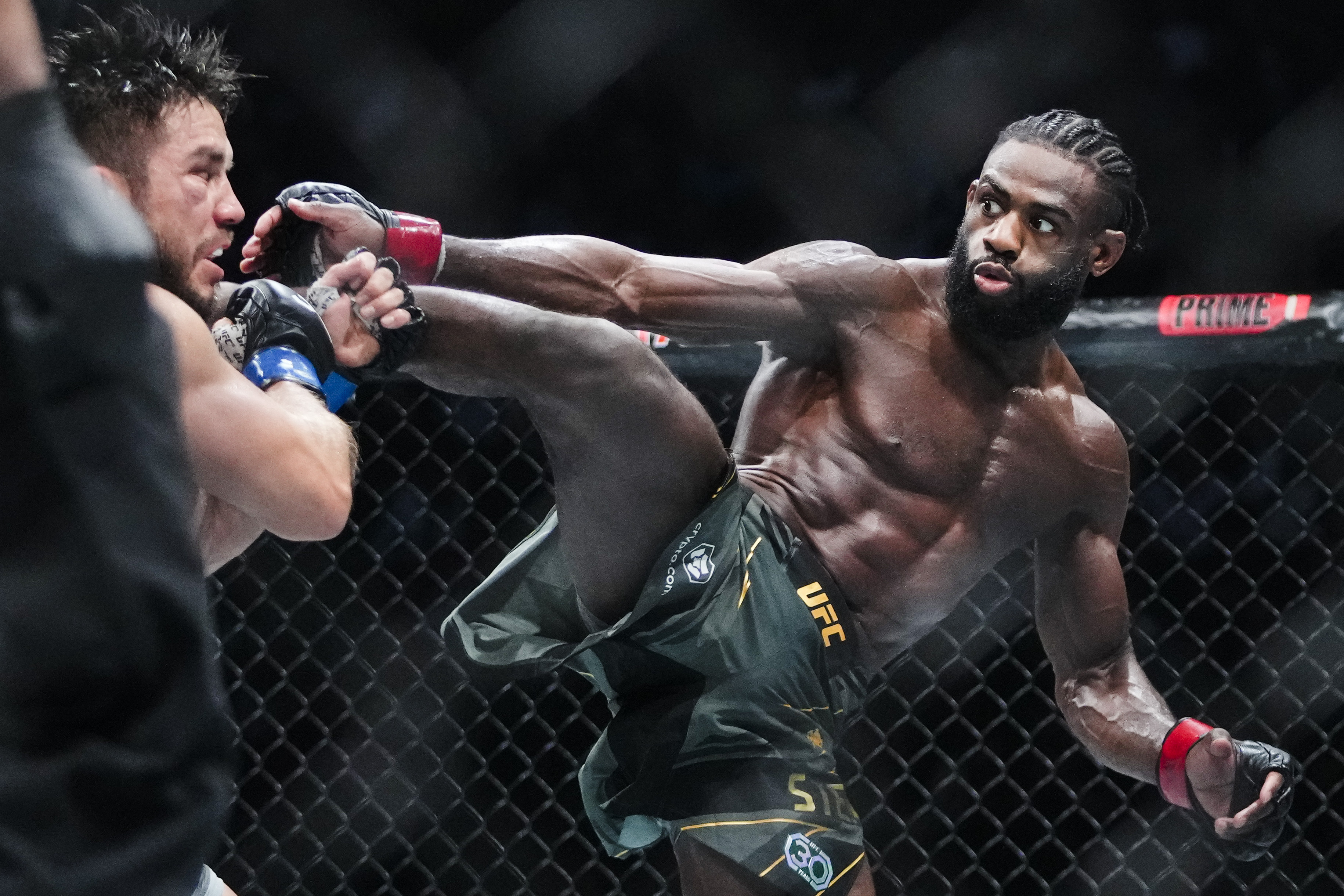 Aljamain Sterling, of Jamaica, kicks Henry Cejudo