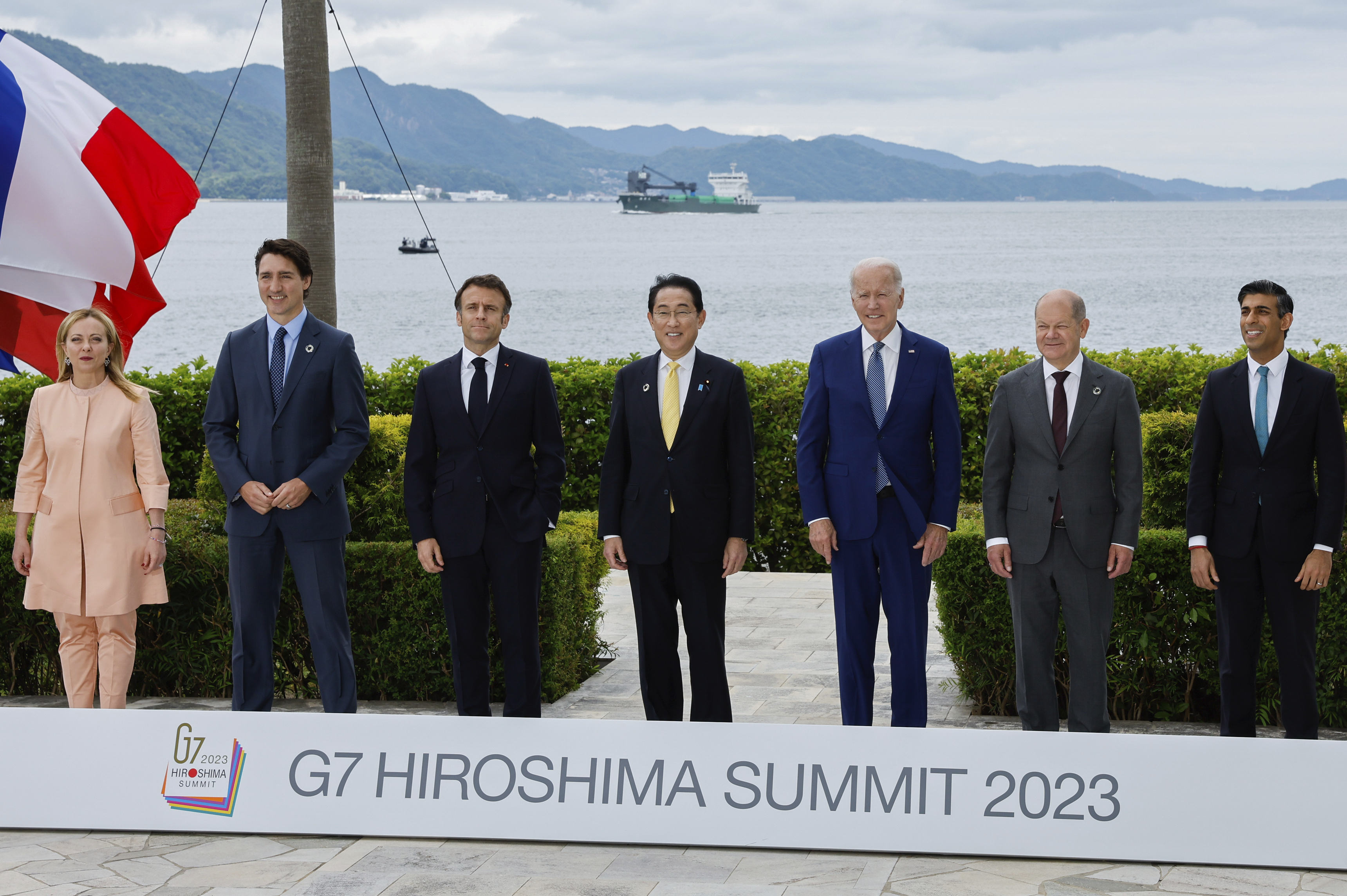 G7 leaders pose for a photo in Hiroshima, Japan.