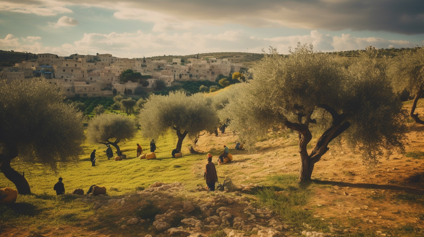Olive trees dot the landscape surrounding the Palestinian village of Bayt Nabala as villagers pick the olives
