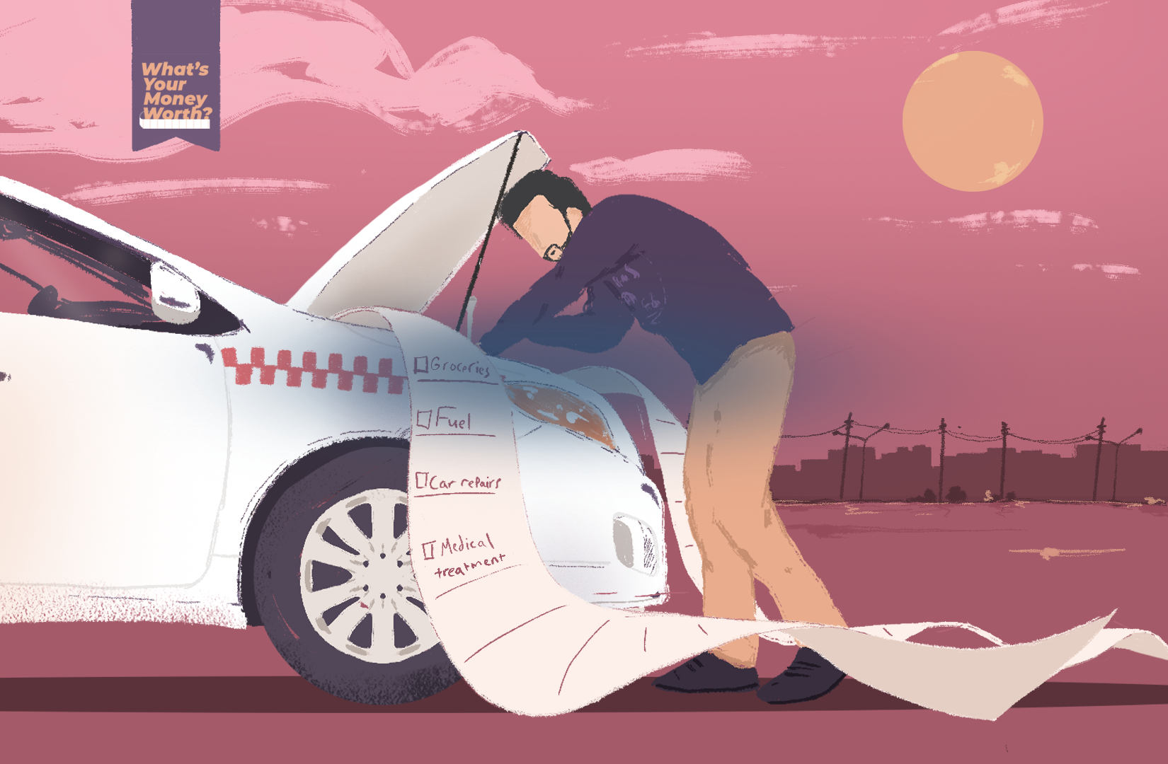 An illustration the hood of a car open with someone standing over it looking, checking or fixing it with a long receipt coming out from under the hood of the car.