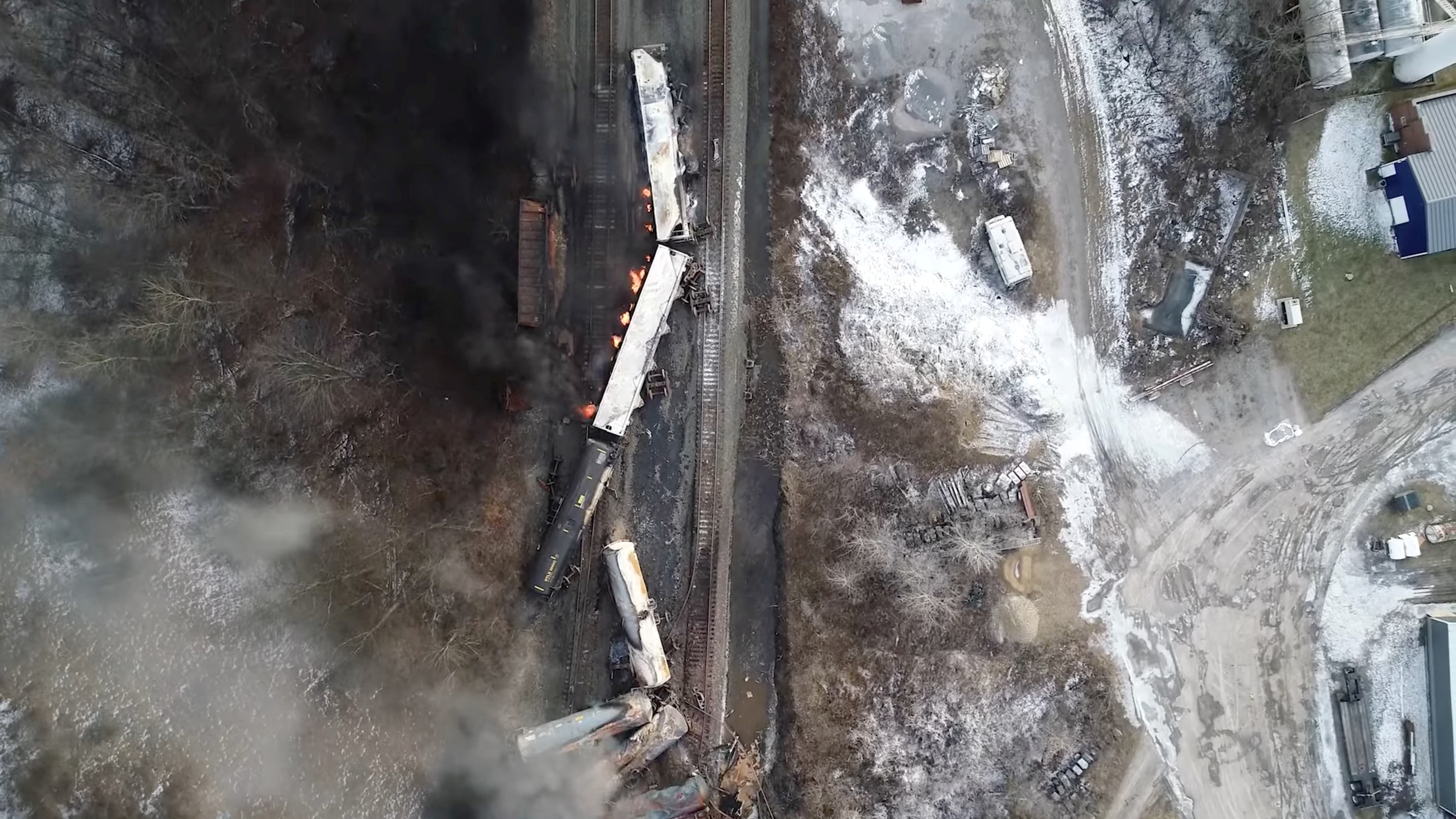 Drone footage shows the freight train derailment in East Palestine, Ohio, U.S., February 6, 2023