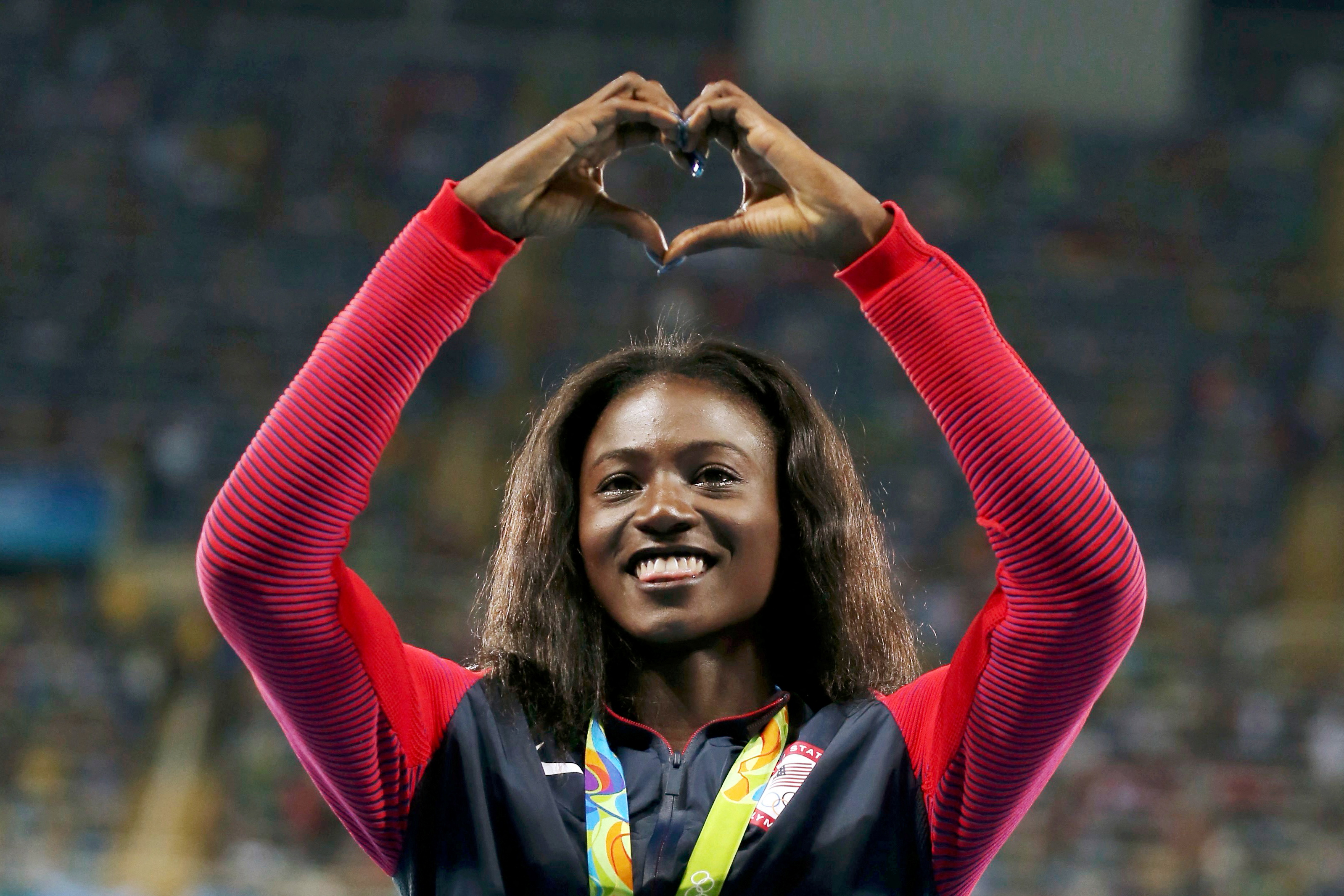 Bronze medalist Tori Bowie of USA reacts at the Women's 200m Victory Ceremony for the 2016 Rio Olympics in Rio de Janeiro